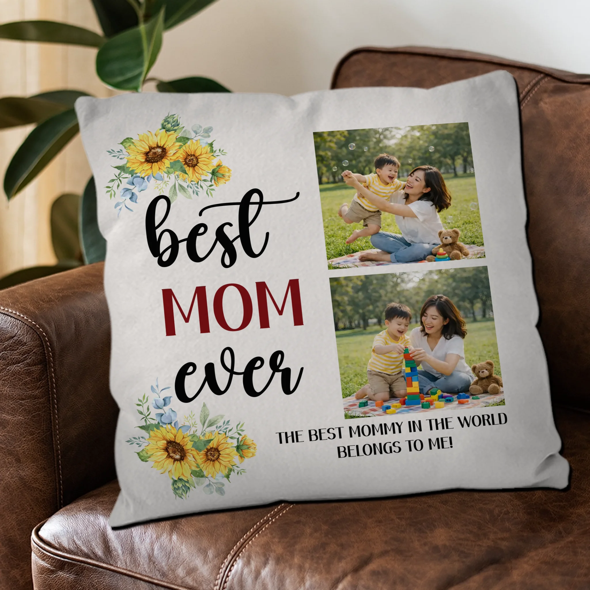 Personalized Sunflower Photo Pillow  –  Best Mom Ever Gift For Mother