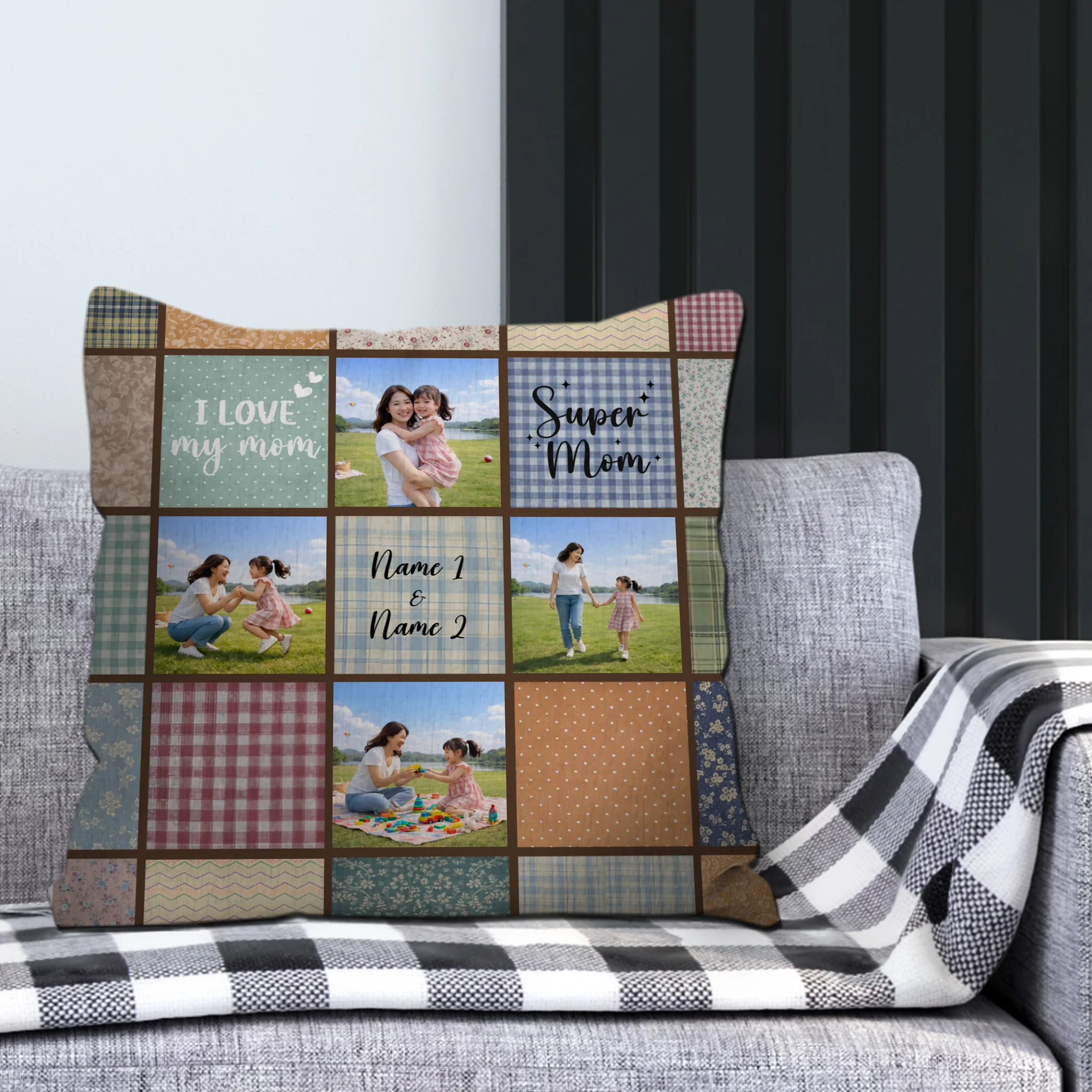 Unique I Love My Mom Photo Throw Pillow – Rustic Plaid Floral Grid
