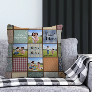 Unique I Love My Mom Photo Throw Pillow – Rustic Plaid Floral Grid