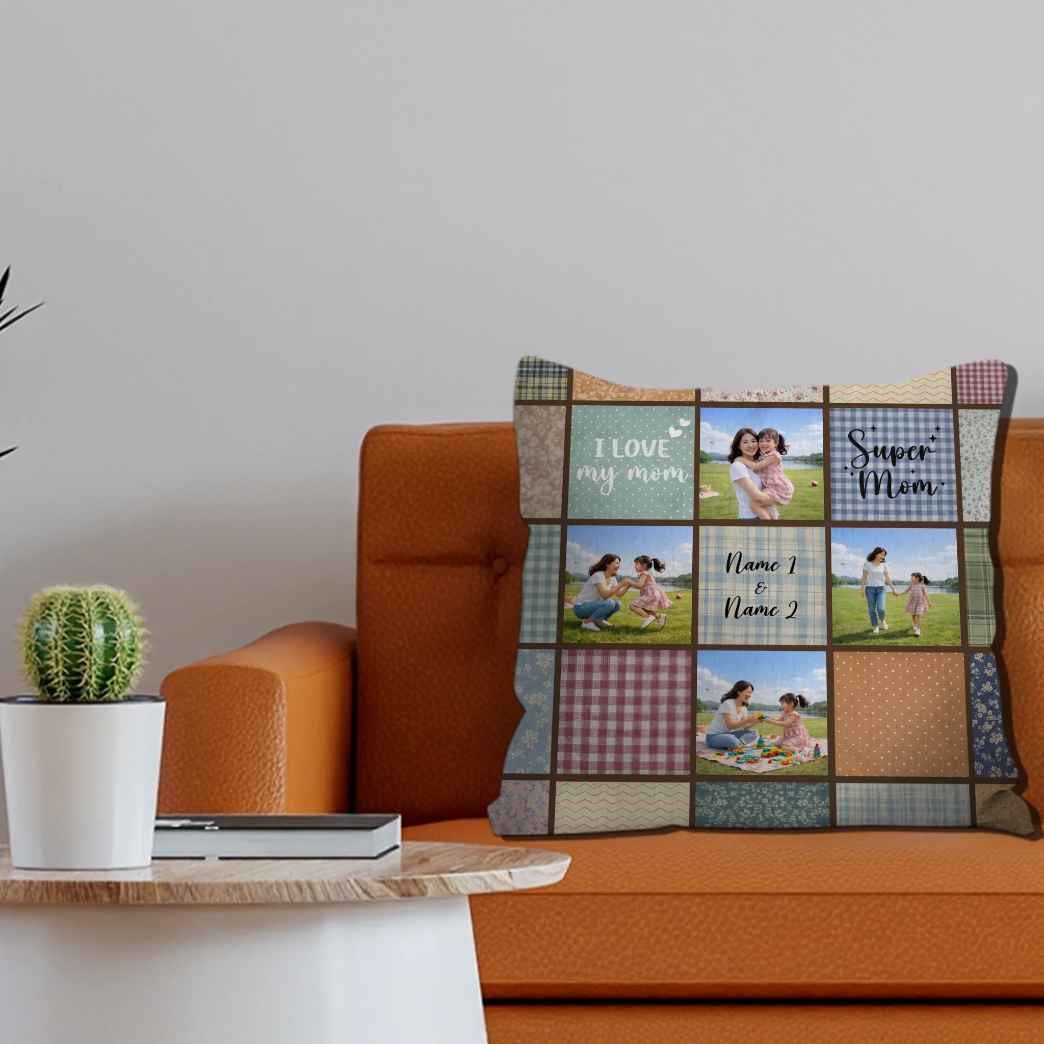 Unique I Love My Mom Photo Throw Pillow – Rustic Plaid Floral Grid