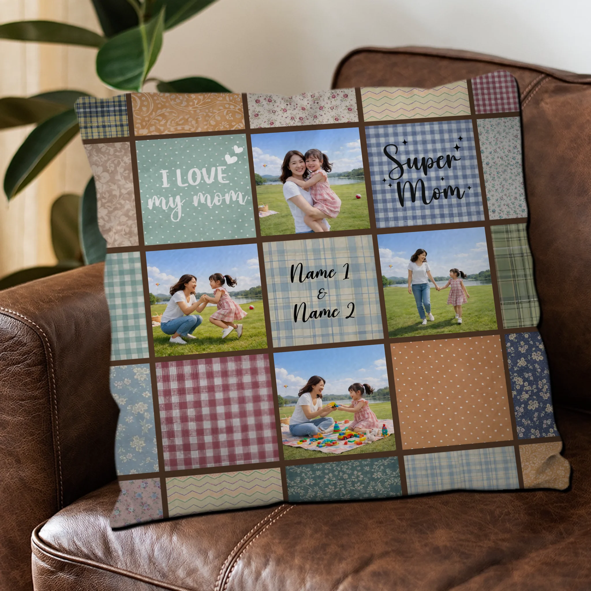 Unique I Love My Mom Photo Throw Pillow – Rustic Plaid Floral Grid