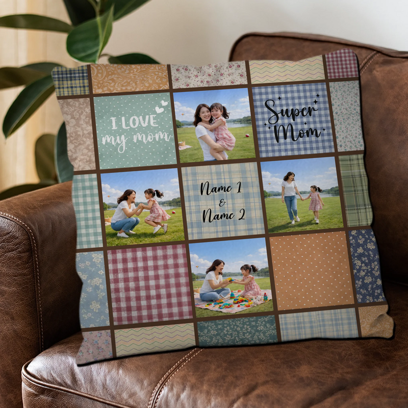 Unique I Love My Mom Photo Throw Pillow – Rustic Plaid Floral Grid