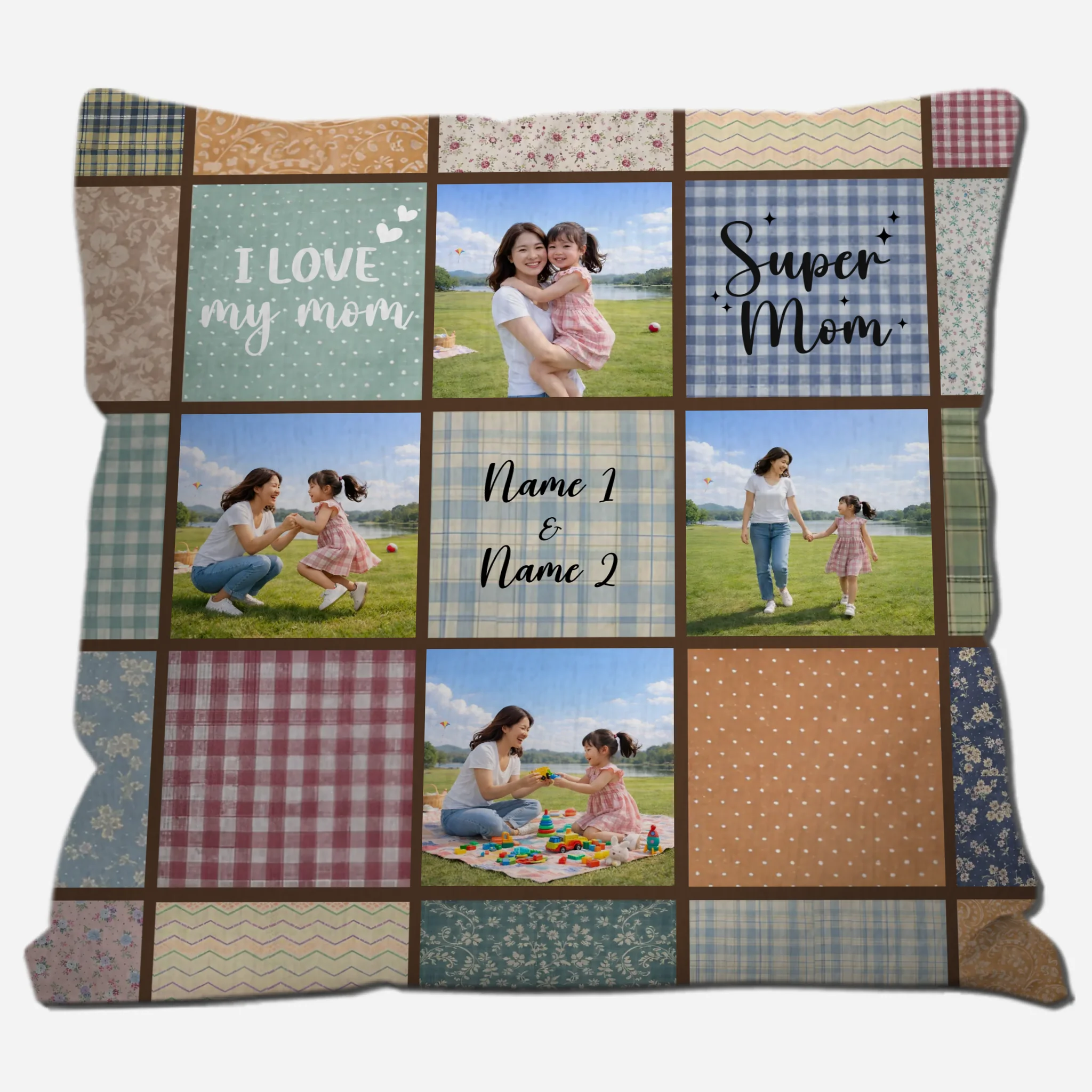 Unique I Love My Mom Photo Throw Pillow – Rustic Plaid Floral Grid