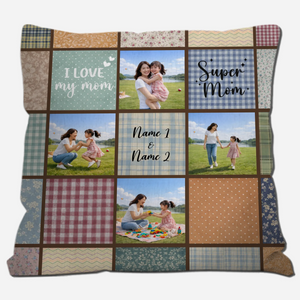 Unique I Love My Mom Photo Throw Pillow – Rustic Plaid Floral Grid