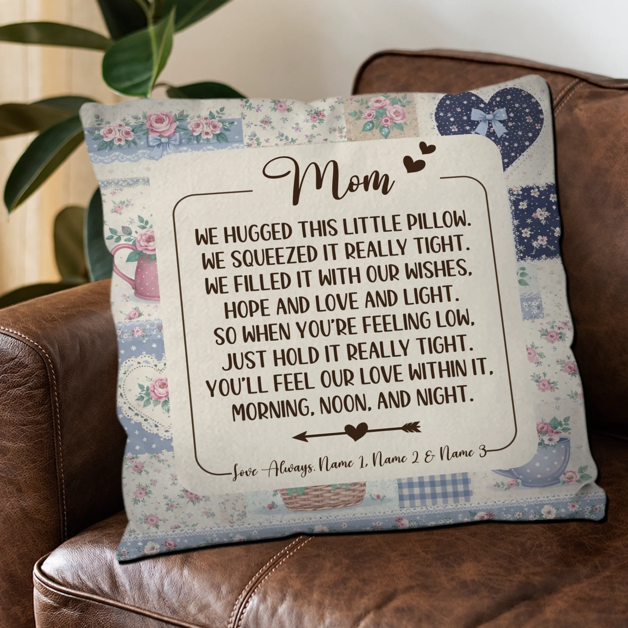 Customized Throw Pillow For Mother – Vintage Floral Gift with Custom Kids Names