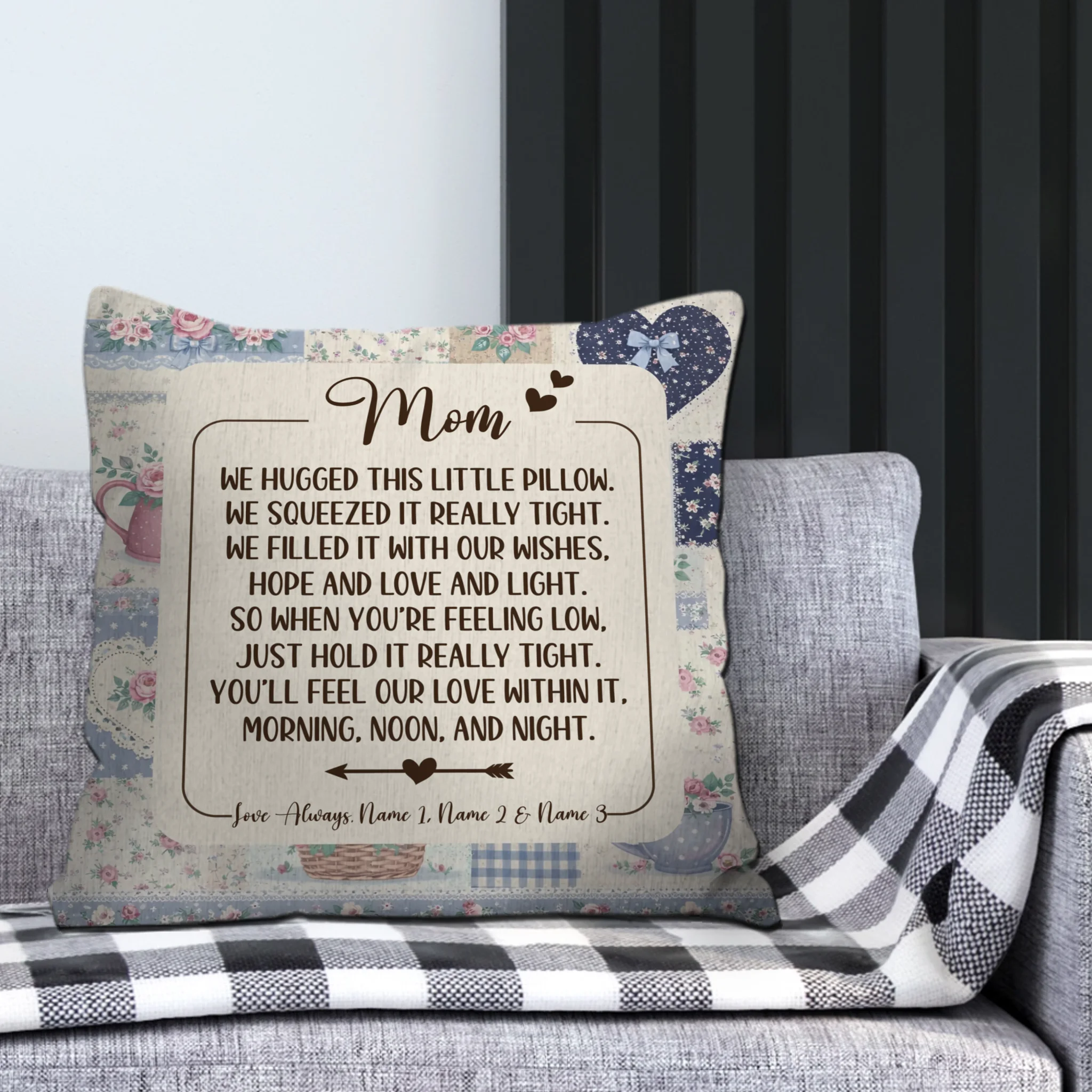 Customized Throw Pillow For Mother – Vintage Floral Gift with Custom Kids Names