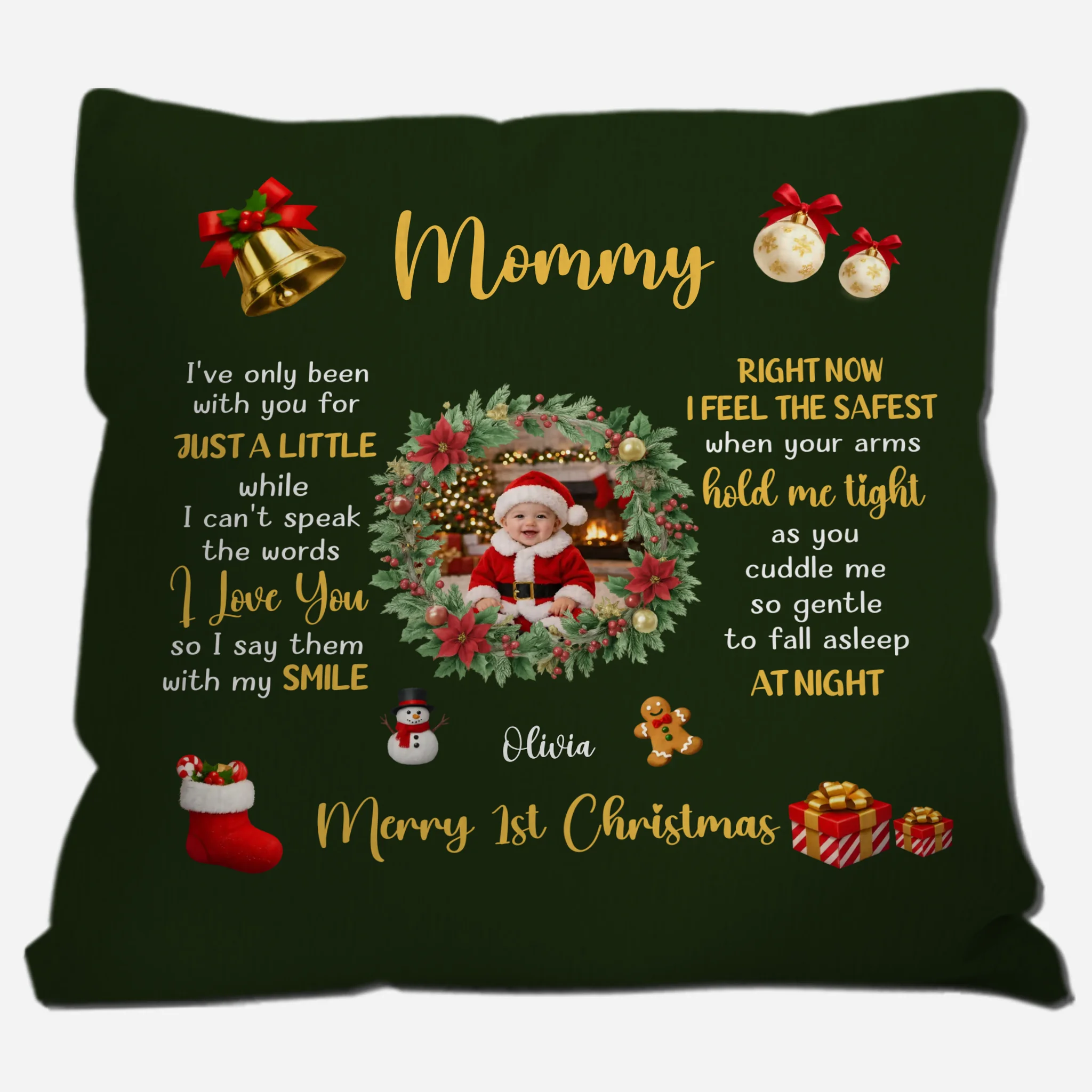Merry 1st Christmas Custom Photo Pillow – Wreath Mommy Gift