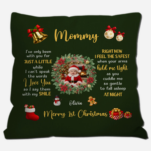 Merry 1st Christmas Custom Photo Pillow – Wreath Mommy Gift