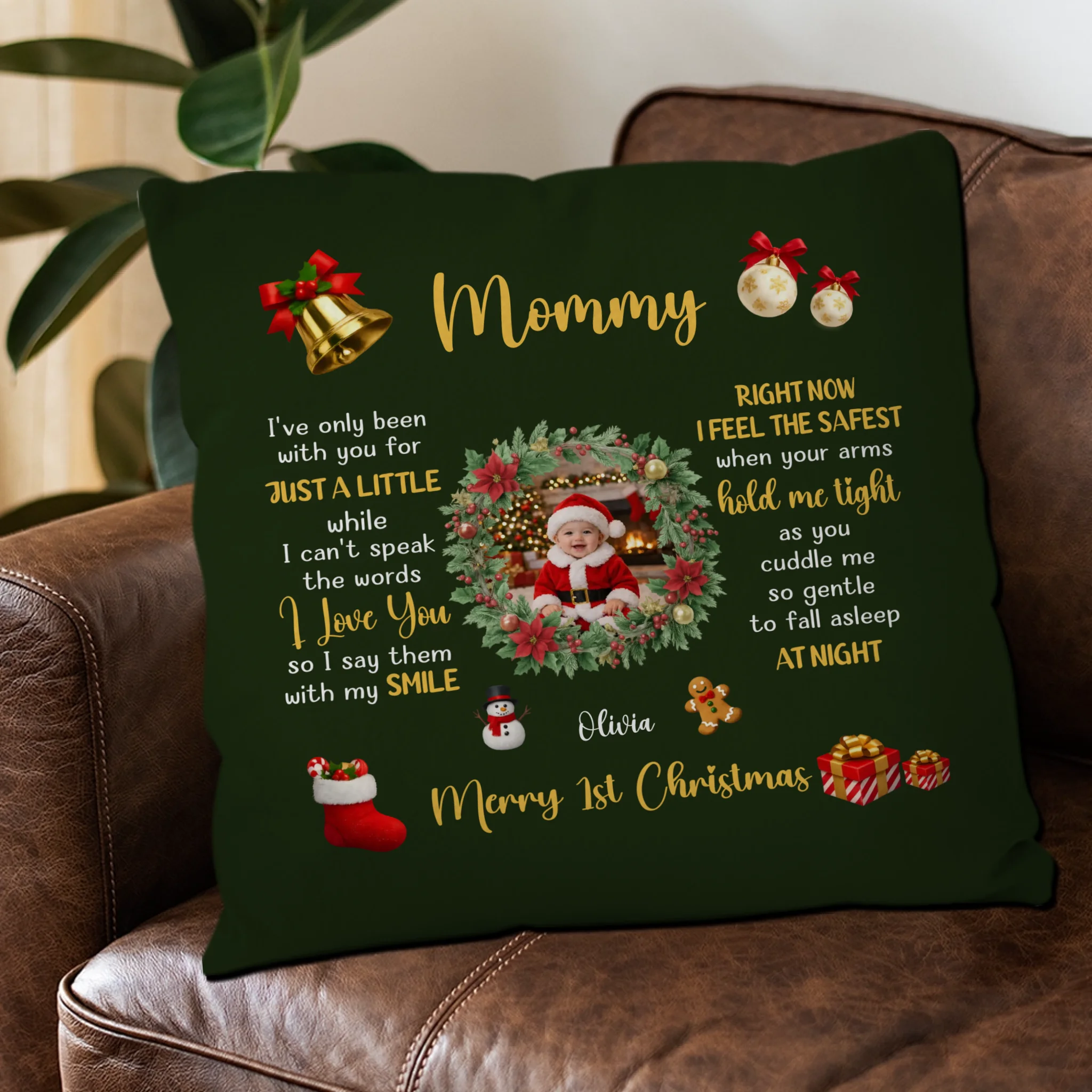 Merry 1st Christmas Custom Photo Pillow – Wreath Mommy Gift