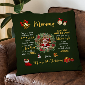 Merry 1st Christmas Custom Photo Pillow – Wreath Mommy Gift