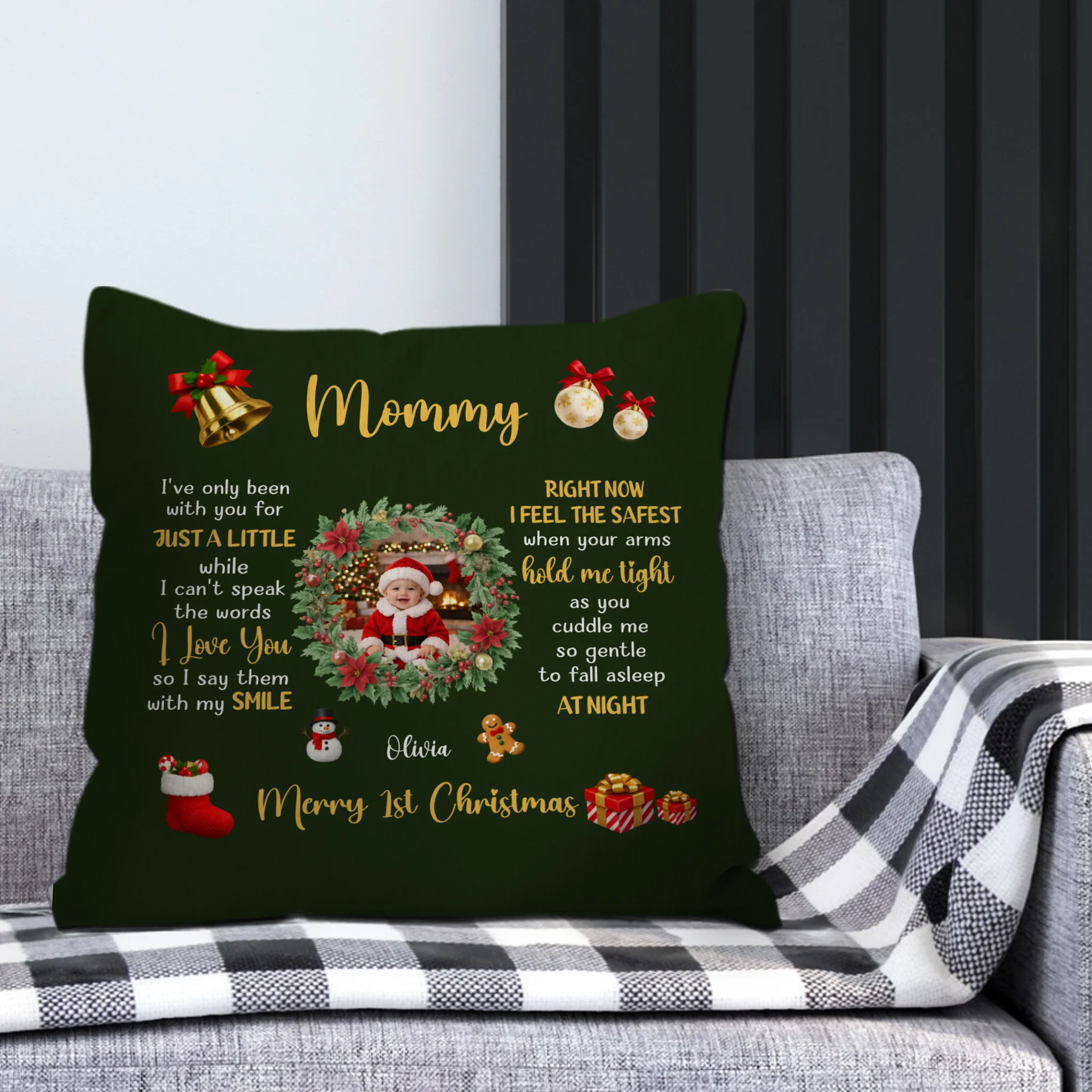 Merry 1st Christmas Custom Photo Pillow – Wreath Mommy Gift