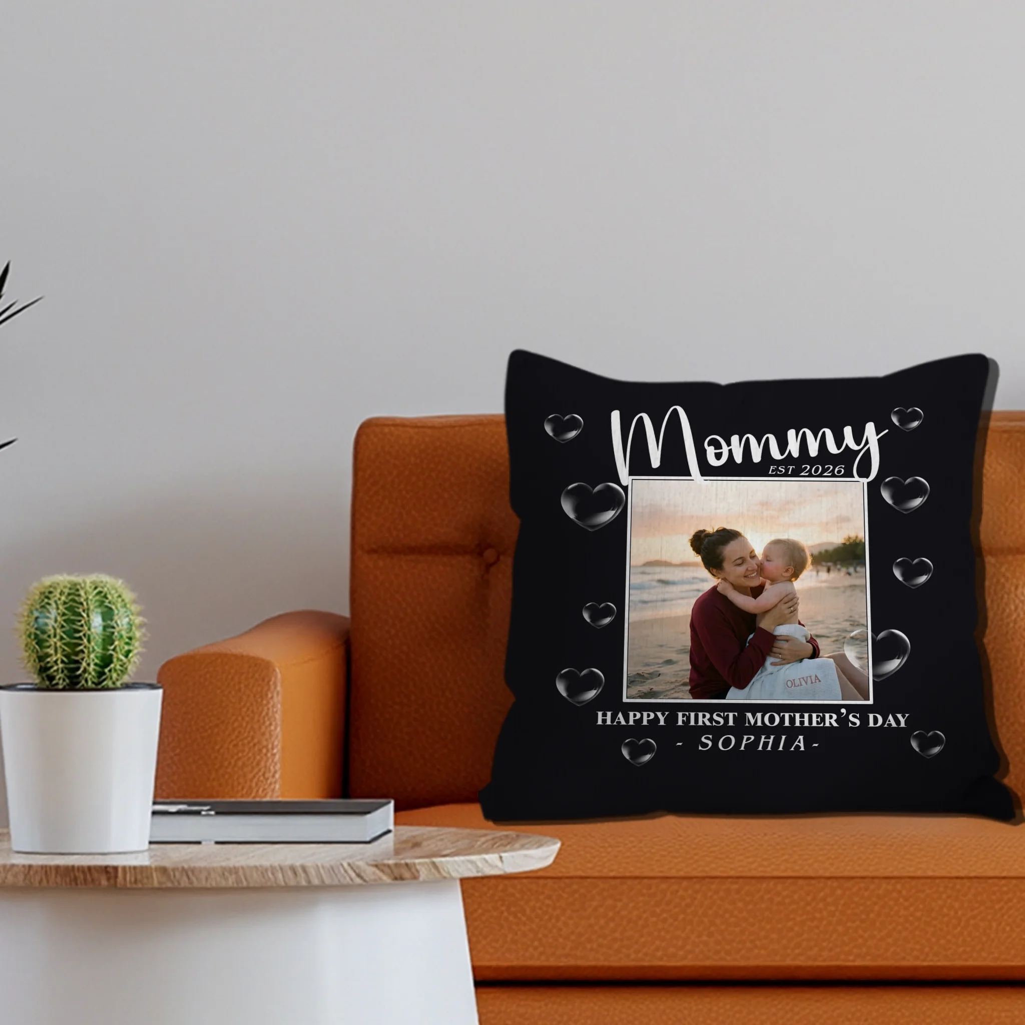Personalized Happy First Mother's Day Pillow – Black 3D Heart
