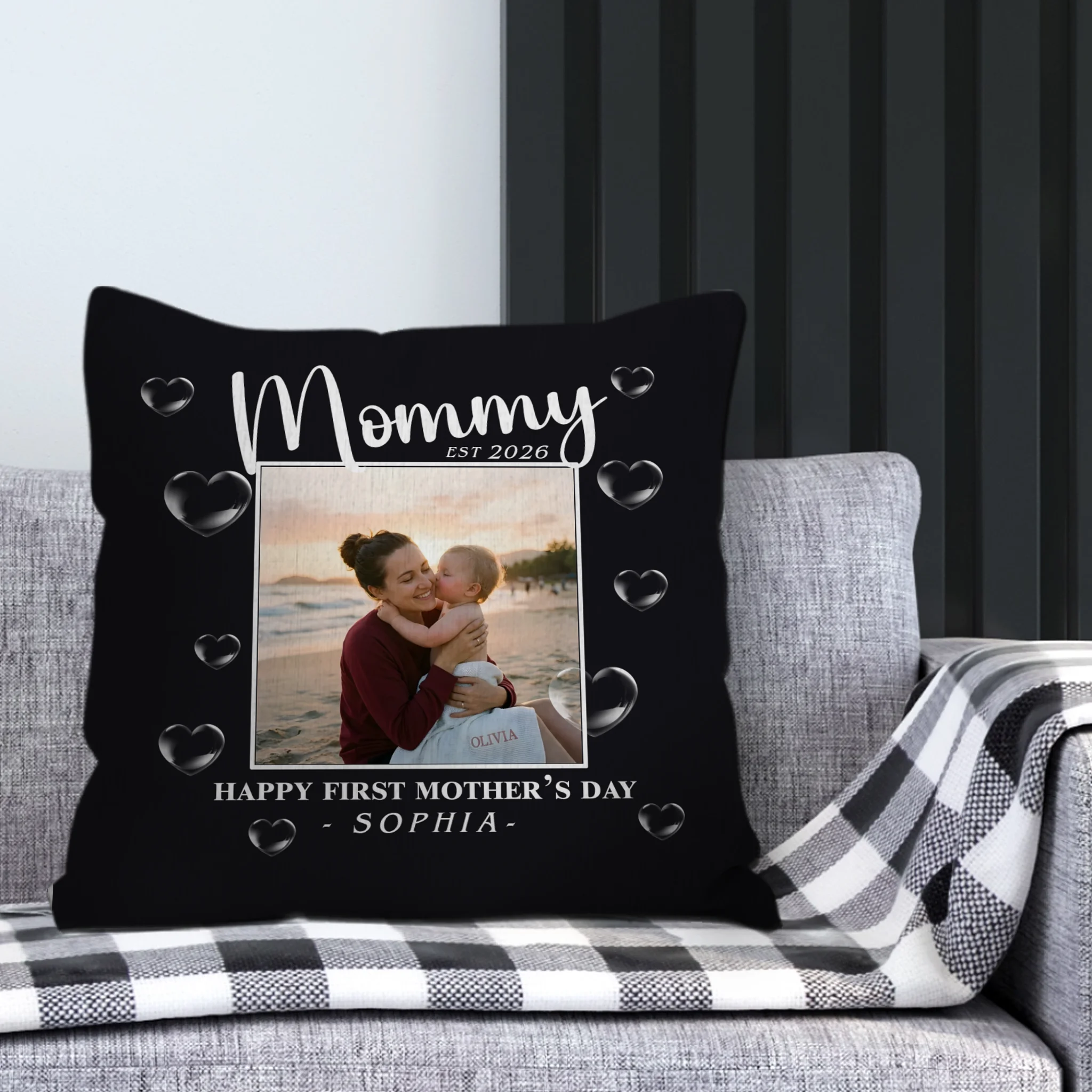 Personalized Happy First Mother's Day Pillow – Black 3D Heart
