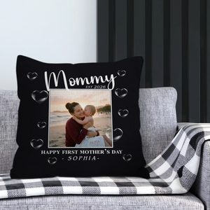 Personalized Happy First Mother's Day Pillow – Black 3D Heart