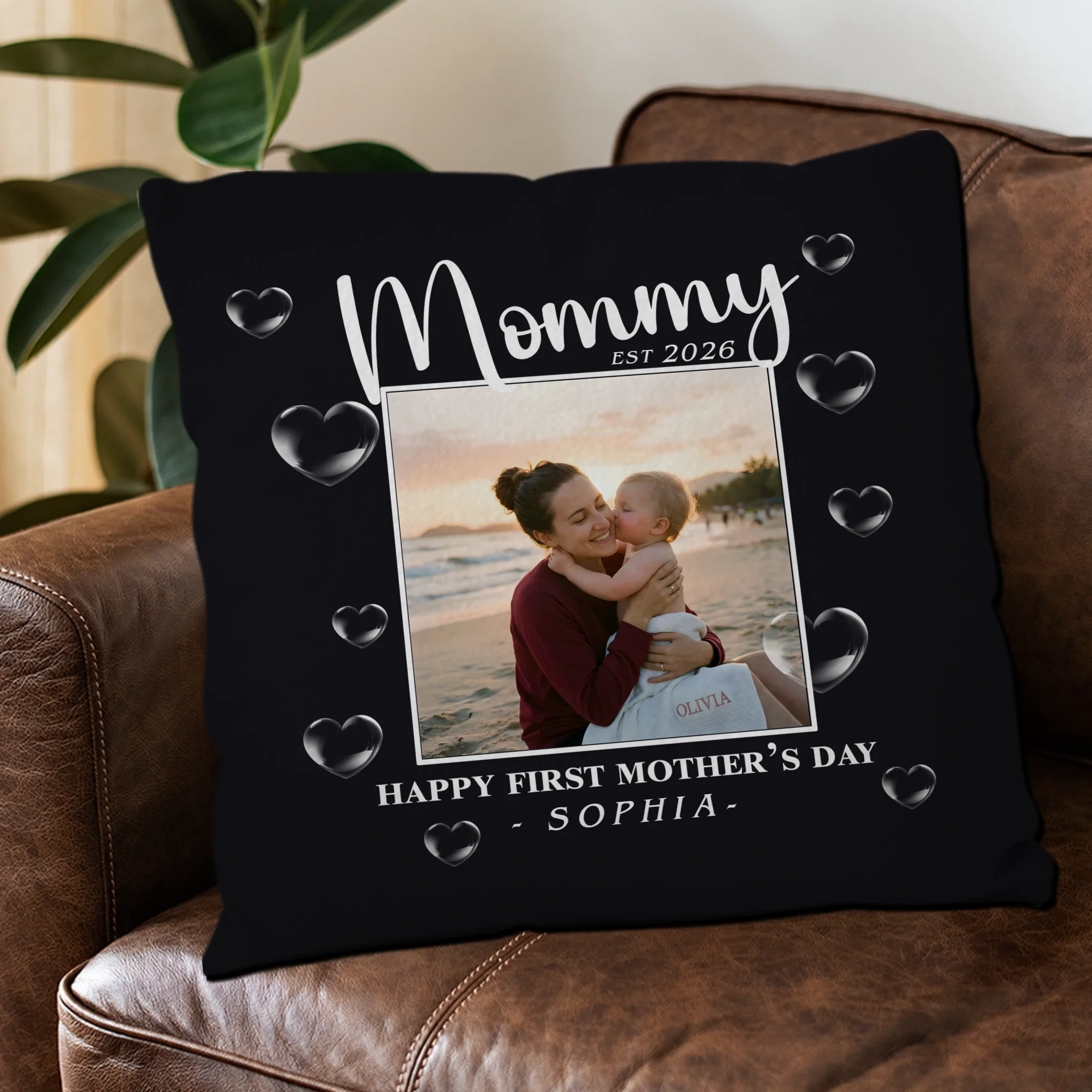 Personalized Happy First Mother's Day Pillow – Black 3D Heart