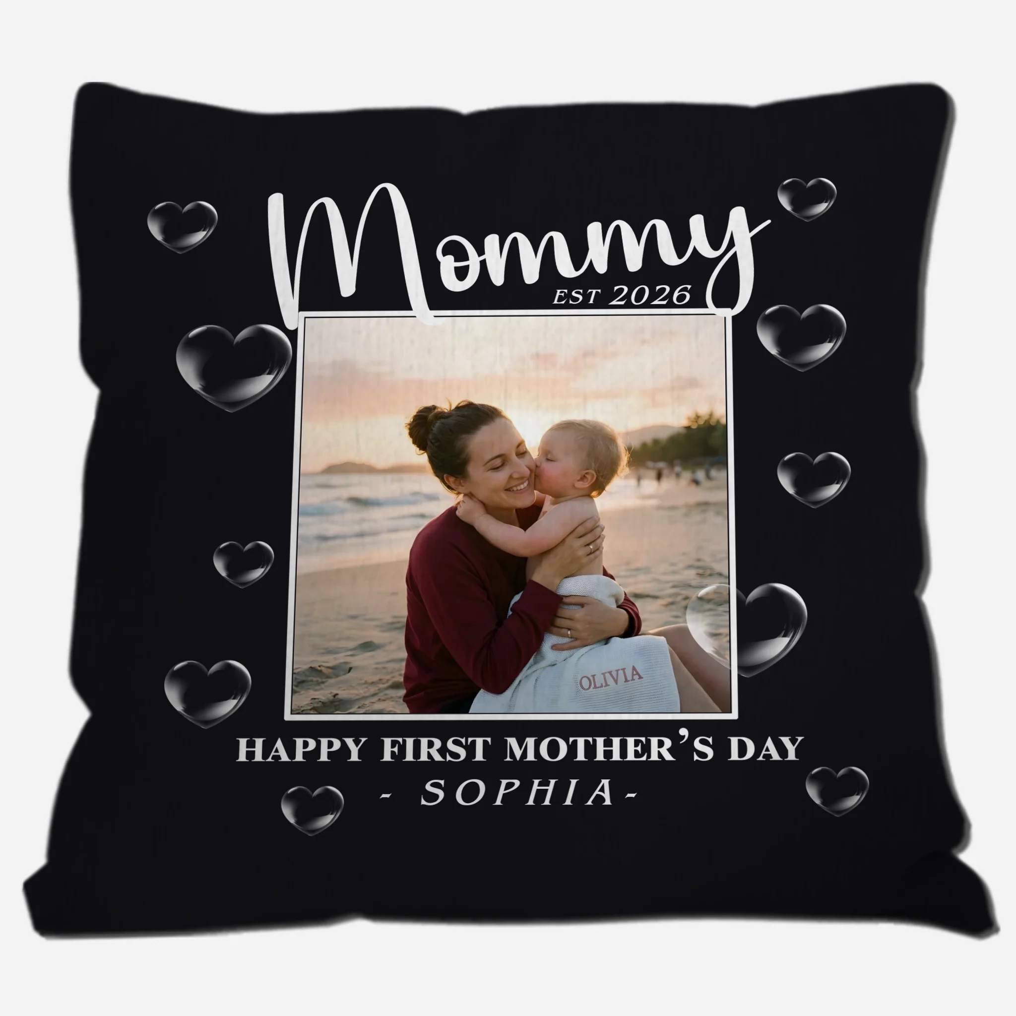 Personalized Happy First Mother's Day Pillow – Black 3D Heart