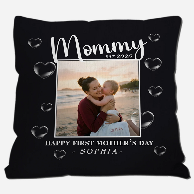 Personalized Happy First Mother's Day Pillow – Black 3D Heart