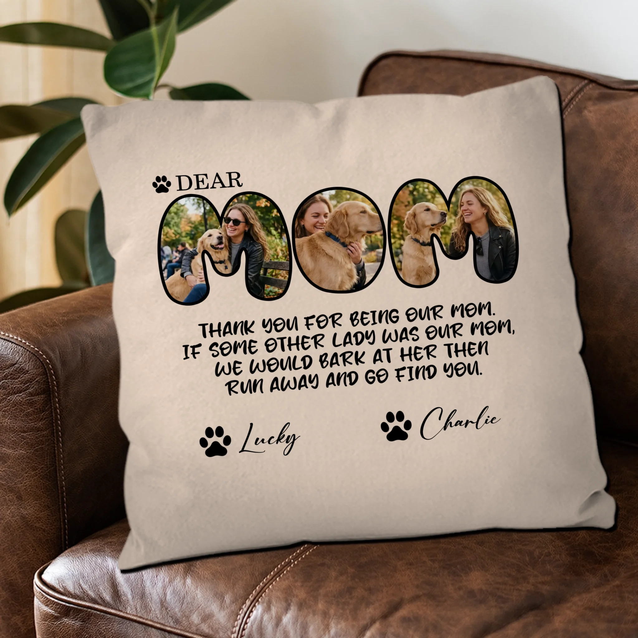 Bespoke Multi-Photo Pet Throw Pillow For Mother – Paw Print Dog Mom Gift