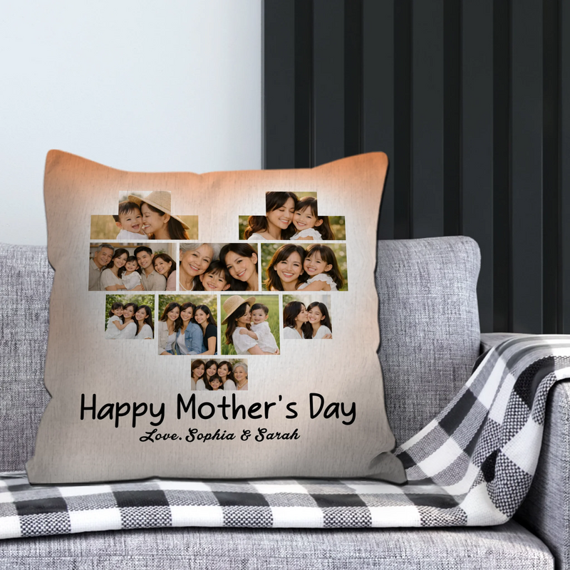 Personalized Happy Mother's Day Custom Pillow – Heart Photo Collage Gift