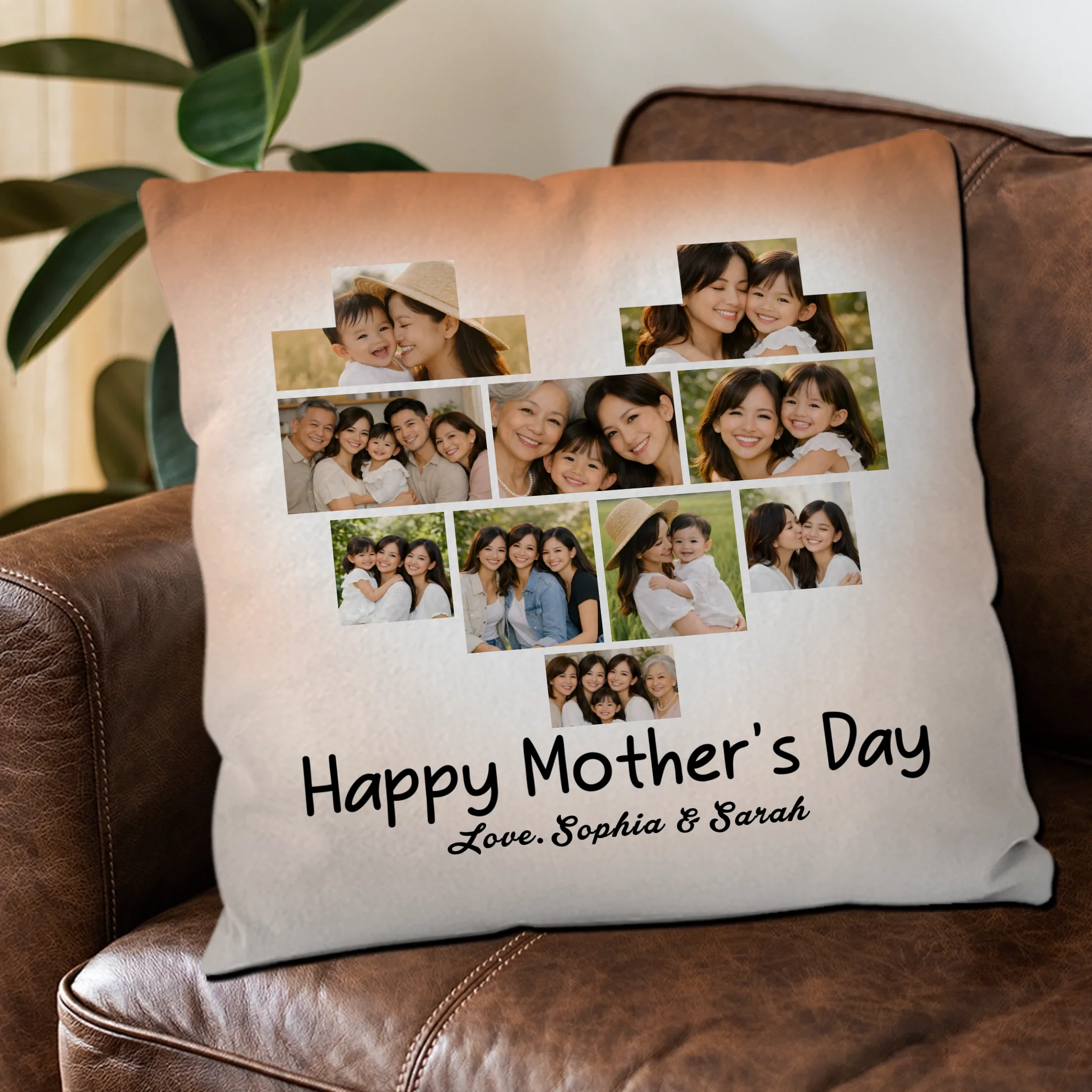 Personalized Happy Mother's Day Custom Pillow – Heart Photo Collage Gift