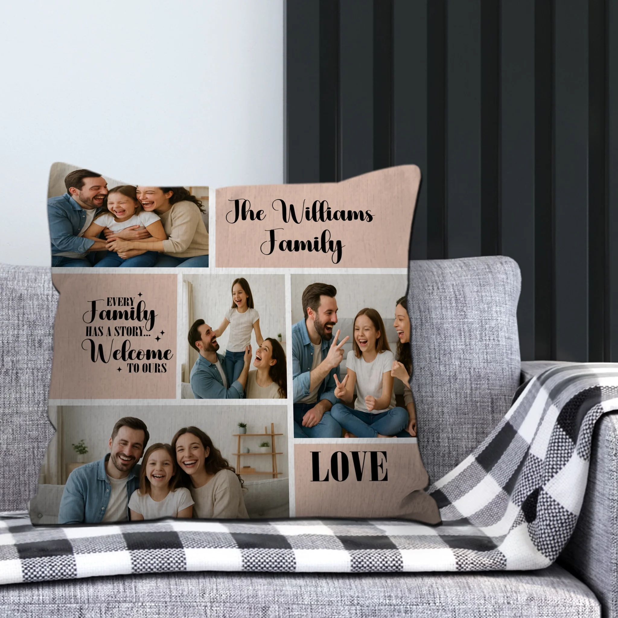 Personalized Family Has A Story Custom Pillow – Multi-Photo Grid