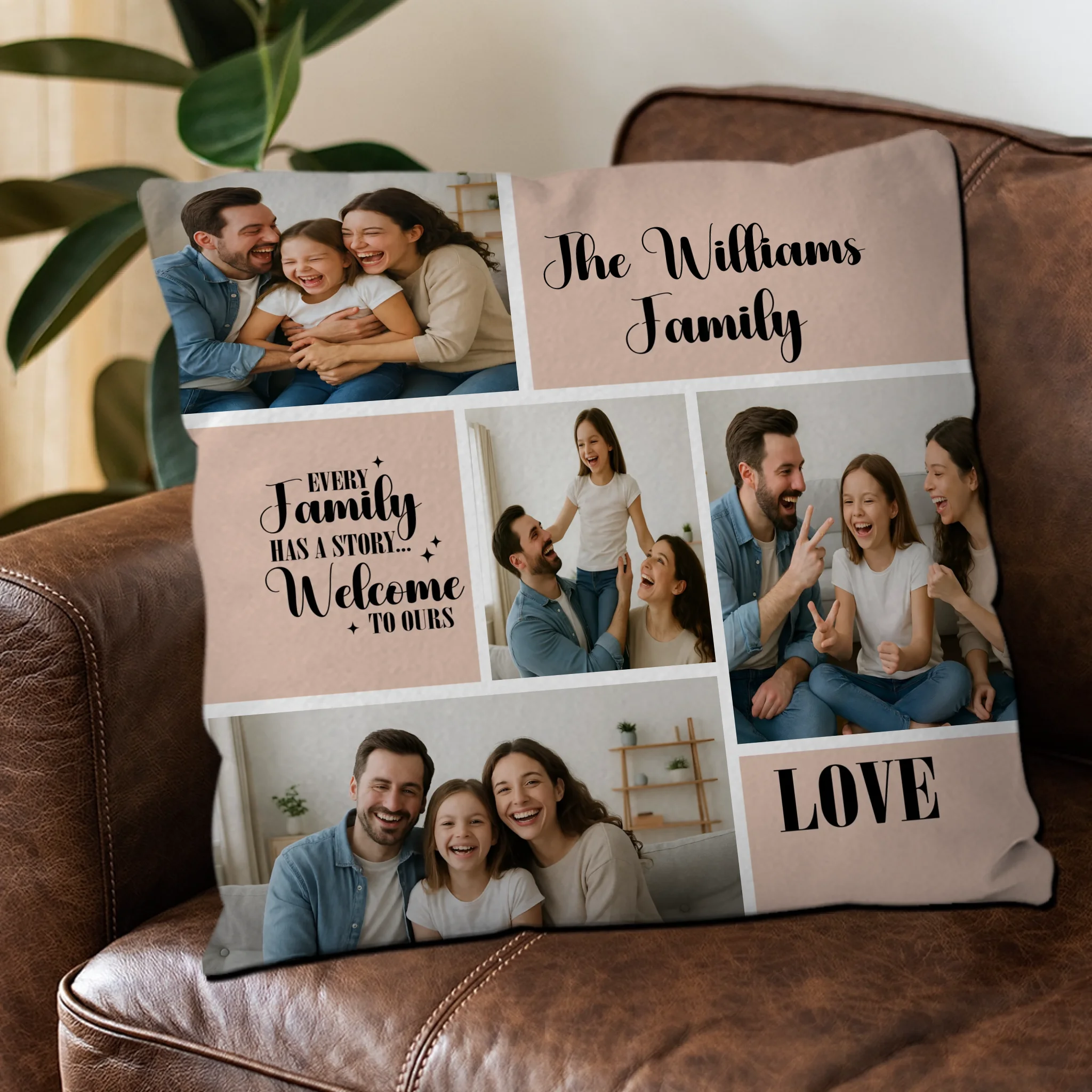 Personalized Family Has A Story Custom Pillow – Multi-Photo Grid