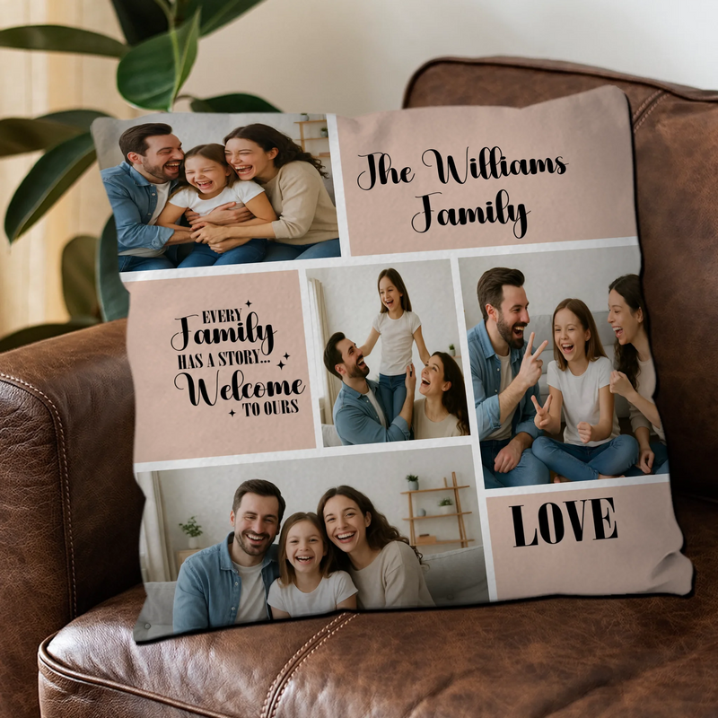 Personalized Family Has A Story Custom Pillow – Multi-Photo Grid
