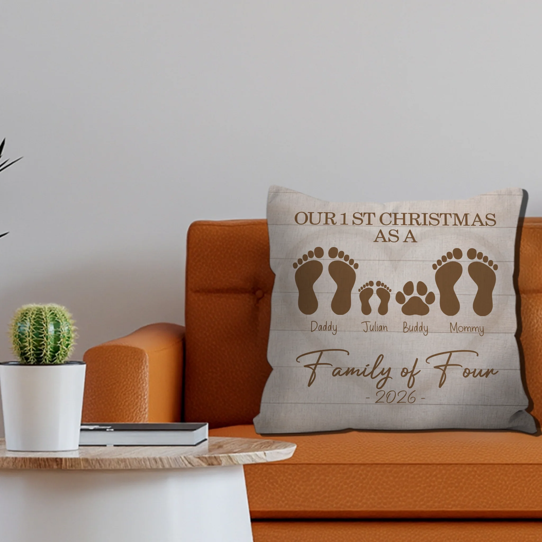 Personalized Our 1st Christmas Throw Pillow – Family Footprint Paw Gift