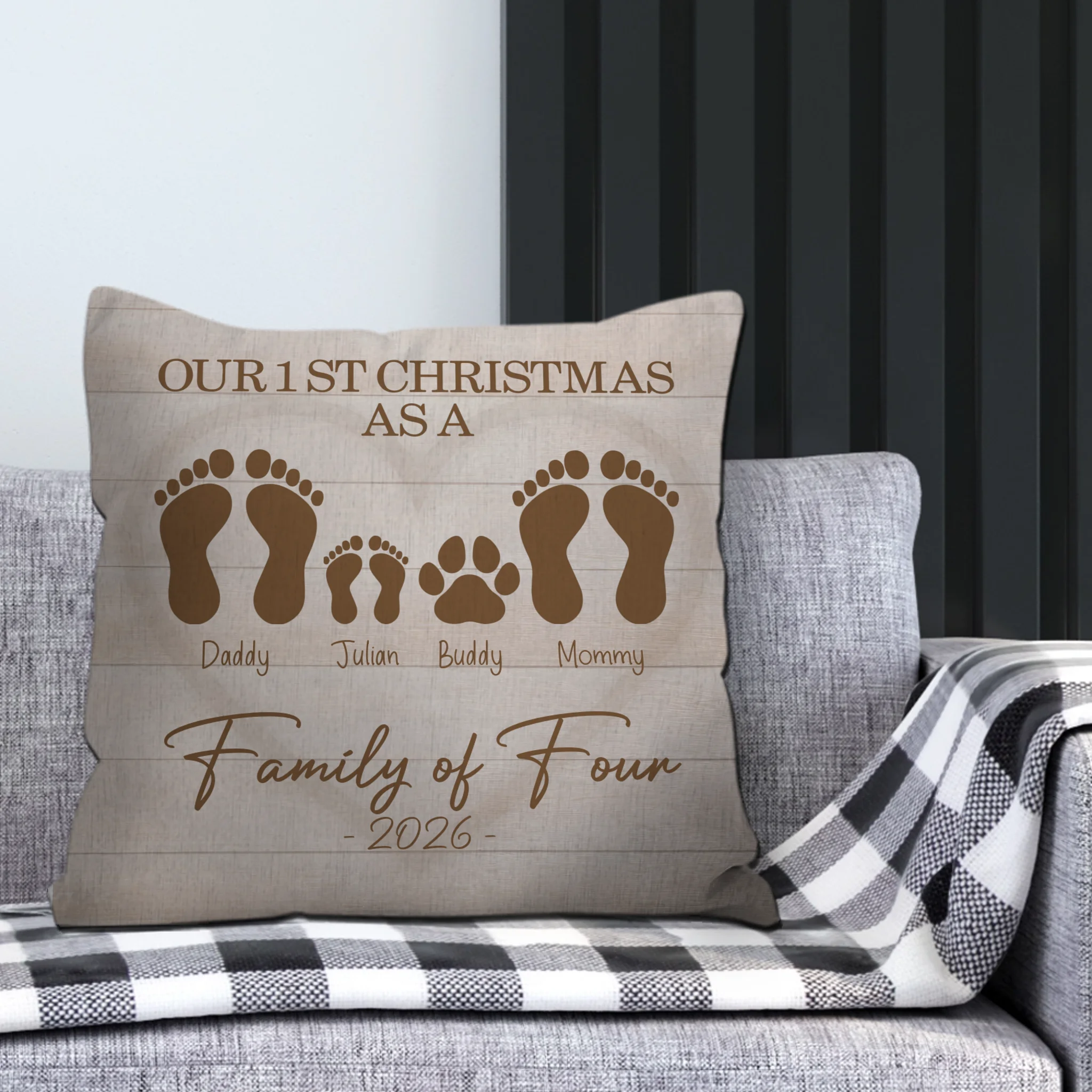 Personalized Our 1st Christmas Throw Pillow – Family Footprint Paw Gift