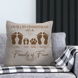 Personalized Our 1st Christmas Throw Pillow – Family Footprint Paw Gift