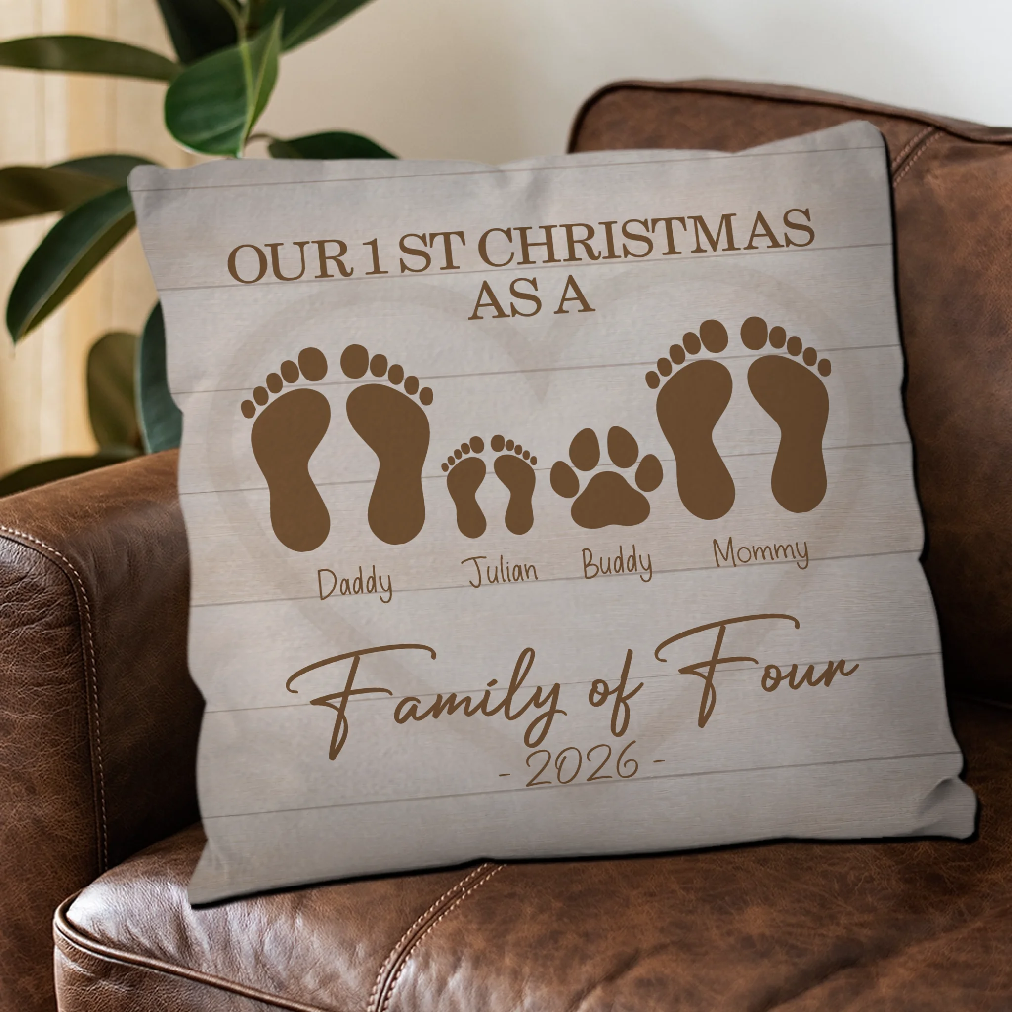 Personalized Our 1st Christmas Throw Pillow – Family Footprint Paw Gift