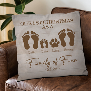 Personalized Our 1st Christmas Throw Pillow – Family Footprint Paw Gift