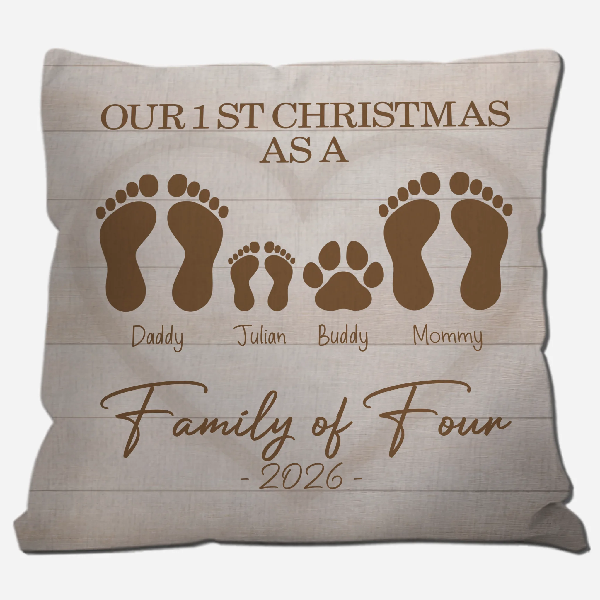 Personalized Our 1st Christmas Throw Pillow – Family Footprint Paw Gift