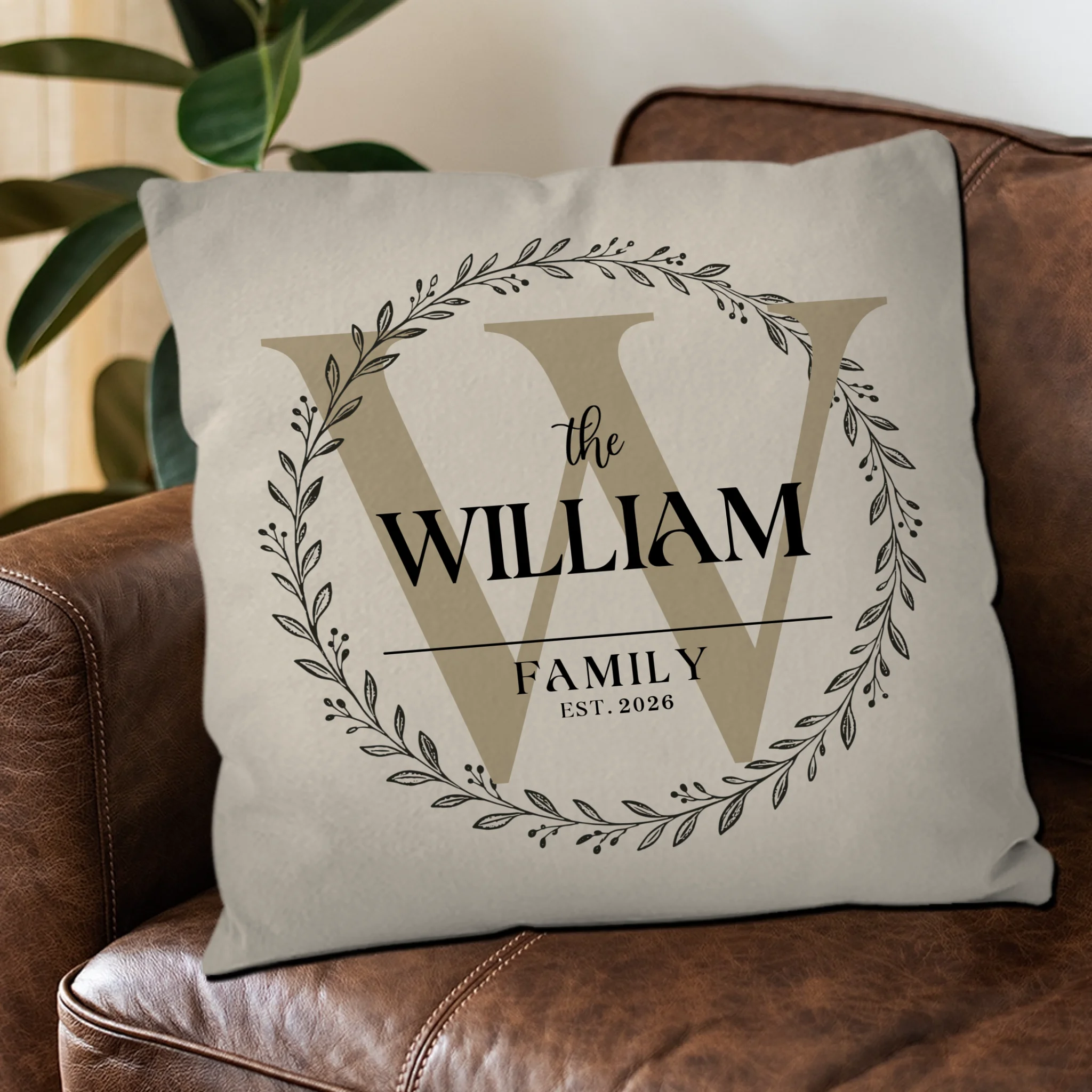 Customized Laurel Wreath Family Pillow – Meaningful Commemorative gift.