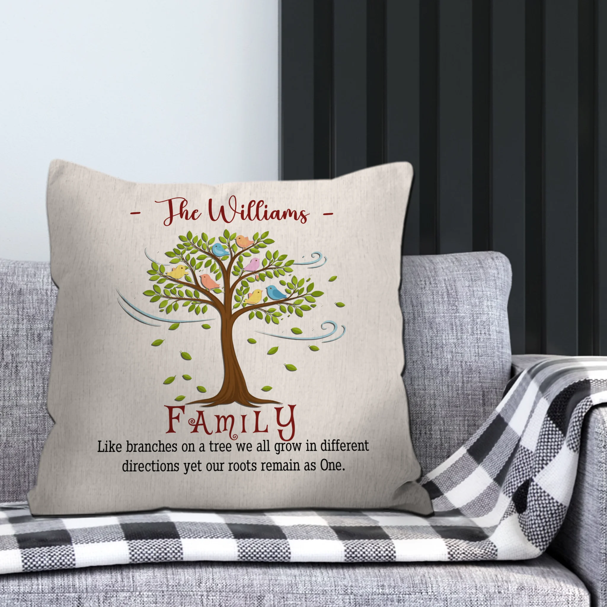 Throw Pillow With Personalized Family Name – Like Branches On A Tree Gift