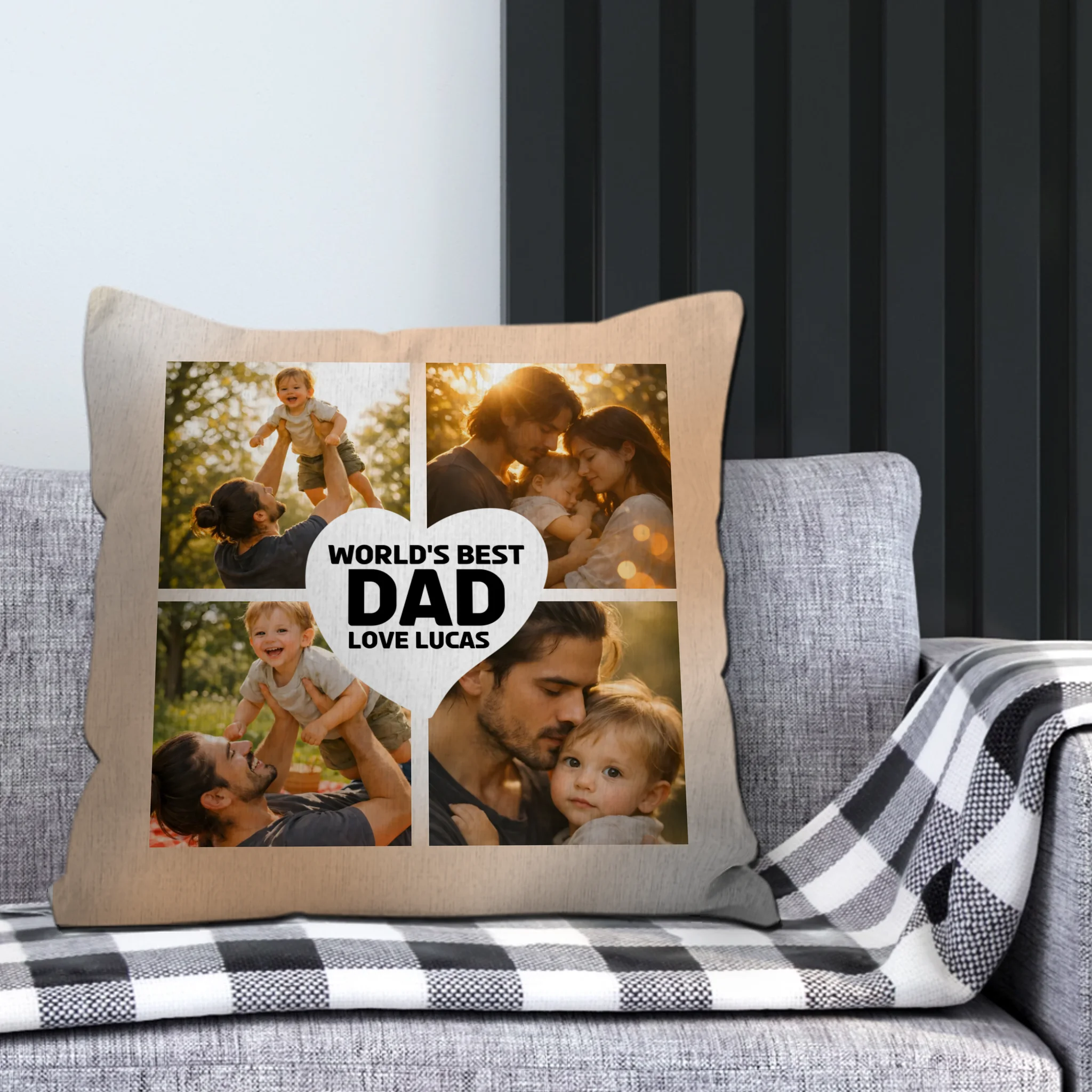 Bespoke Heart Photo Throw Pillow – World's Best Dad Name