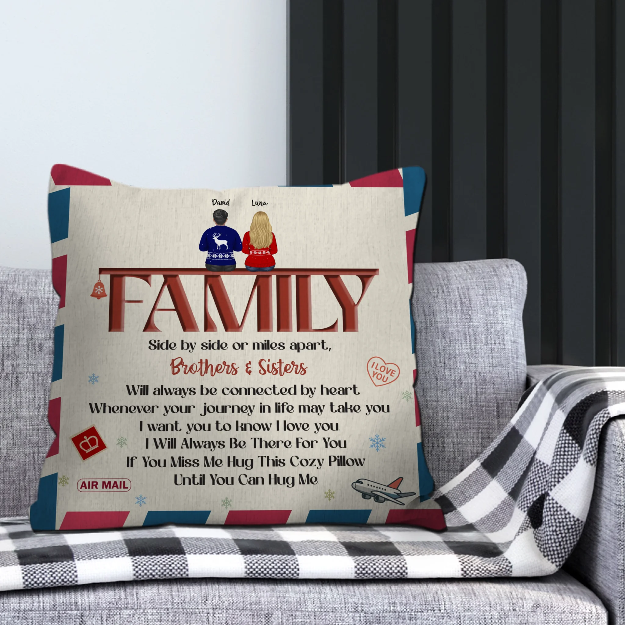 Customized Vintage Airmail Envelope Pillow – Side By Side Or Miles Apart
