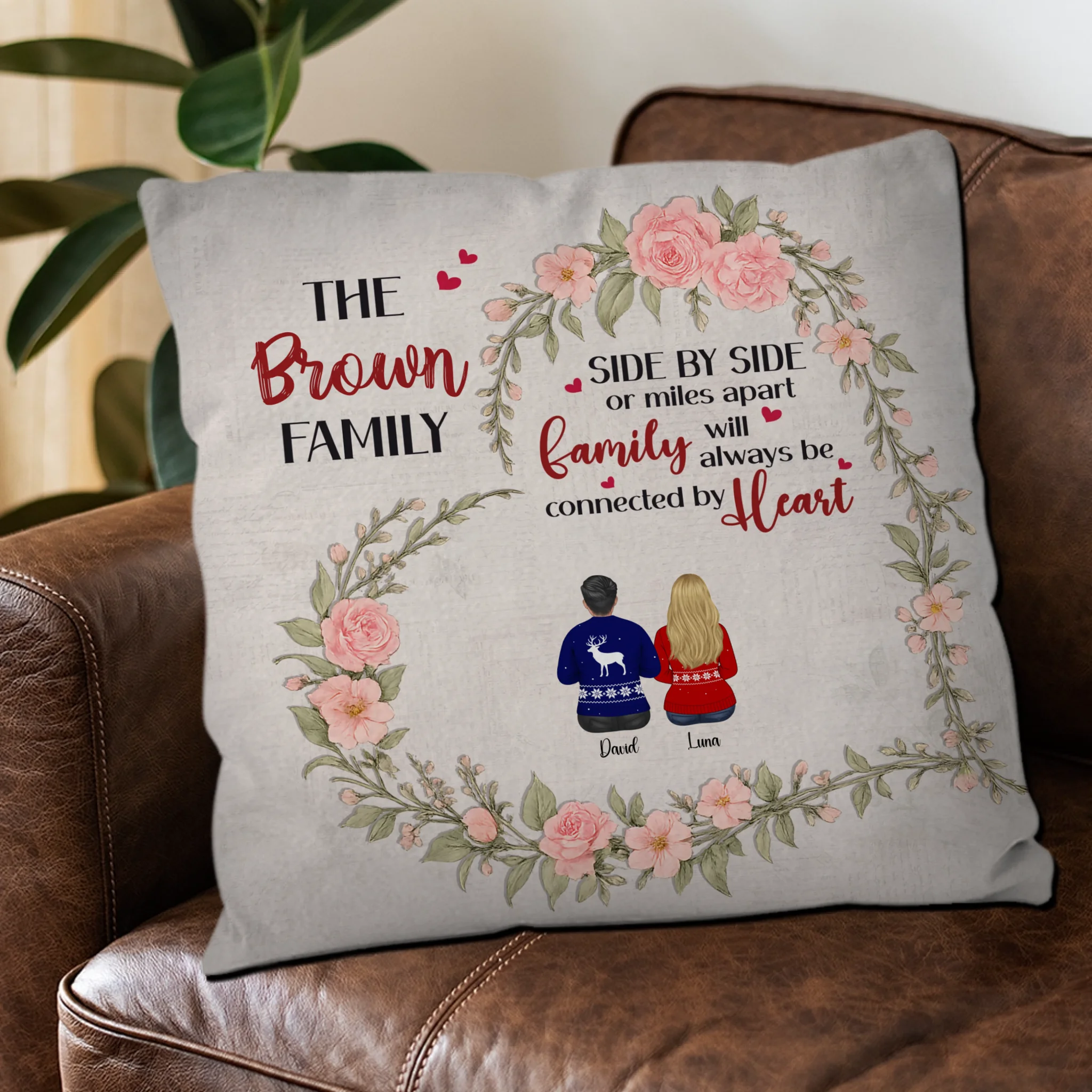Customized Pink Rose Heart Wreath Pillow – Side by Side Family Unique Present