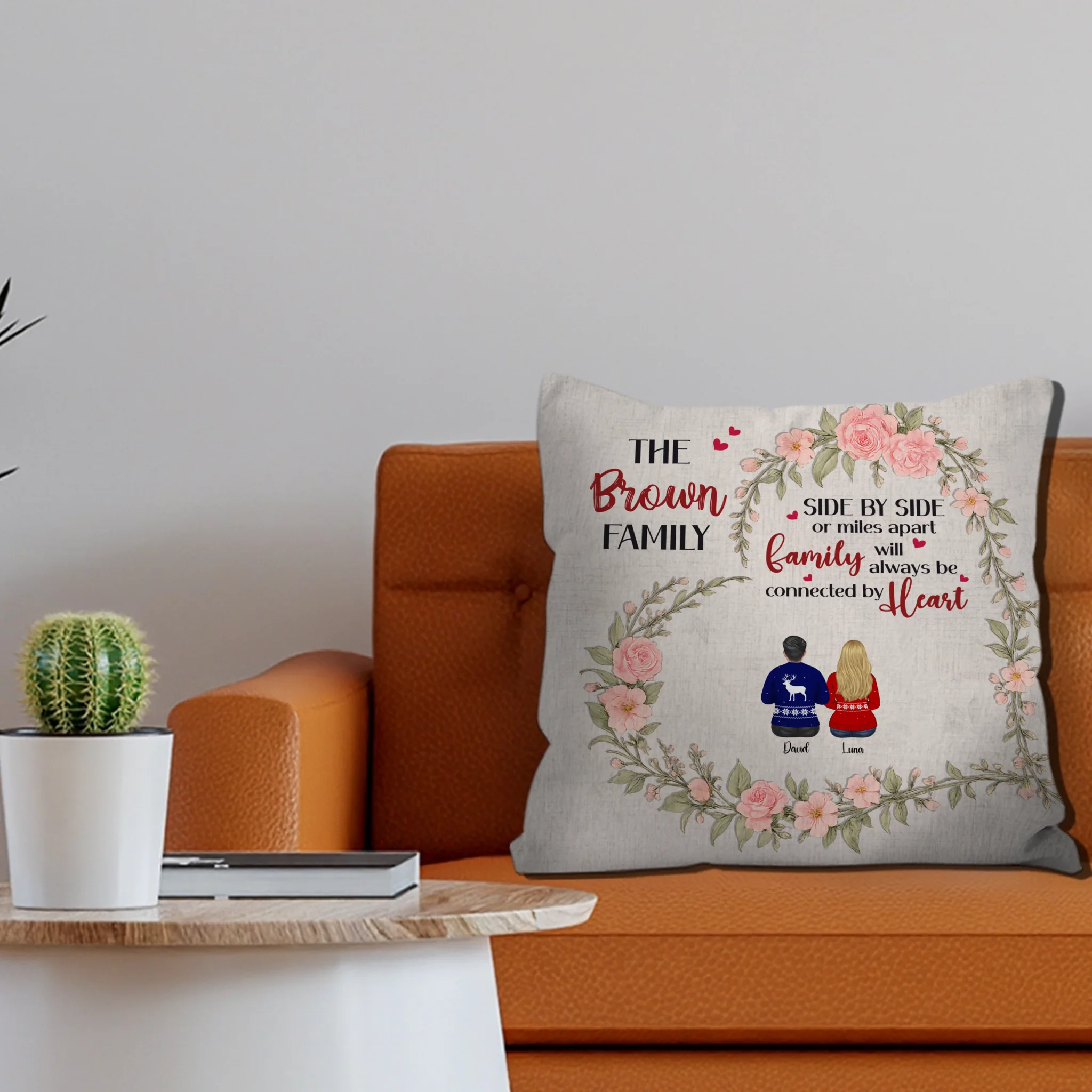 Customized Pink Rose Heart Wreath Pillow – Side by Side Family Unique Present