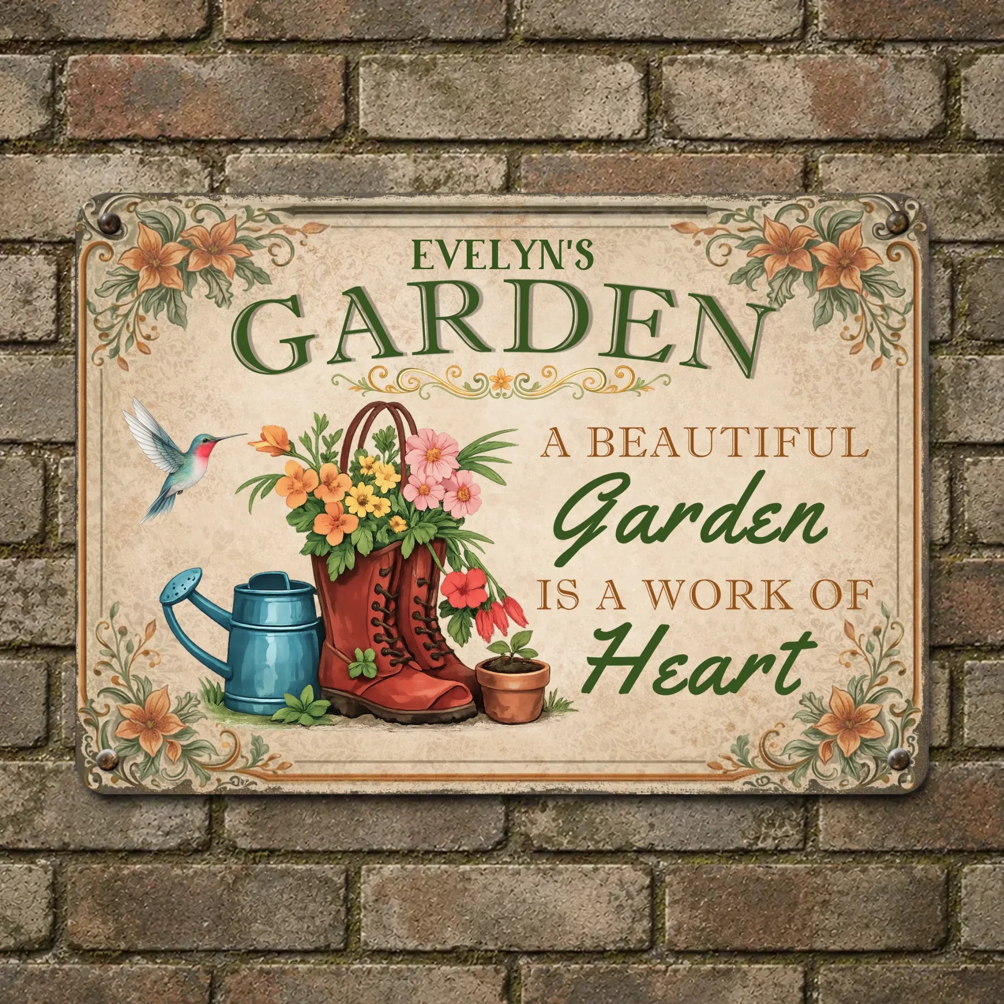 Unique Personalized Metal Signs – Garden Red Boots Hummingbird Sign With Name