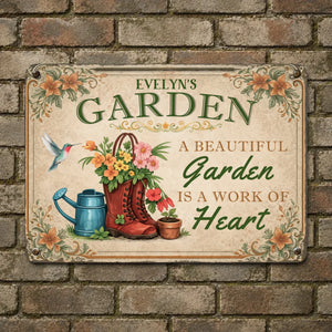 Unique Personalized Metal Signs – Garden Red Boots Hummingbird Sign With Name
