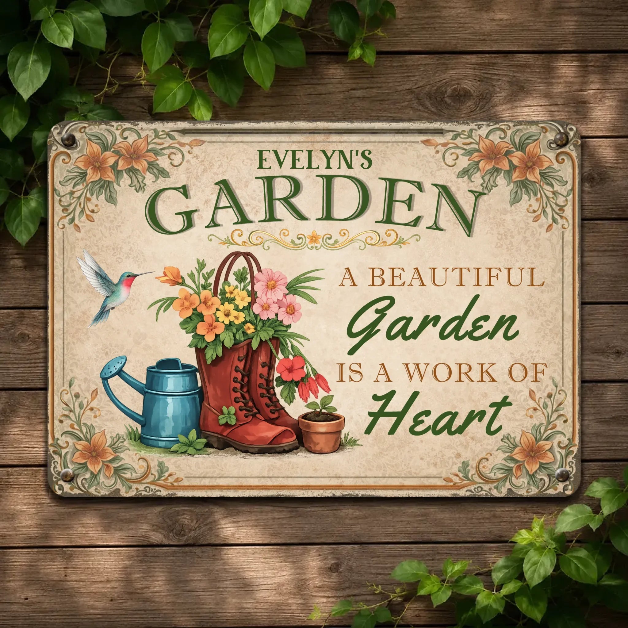 Unique Personalized Metal Signs – Garden Red Boots Hummingbird Sign With Name