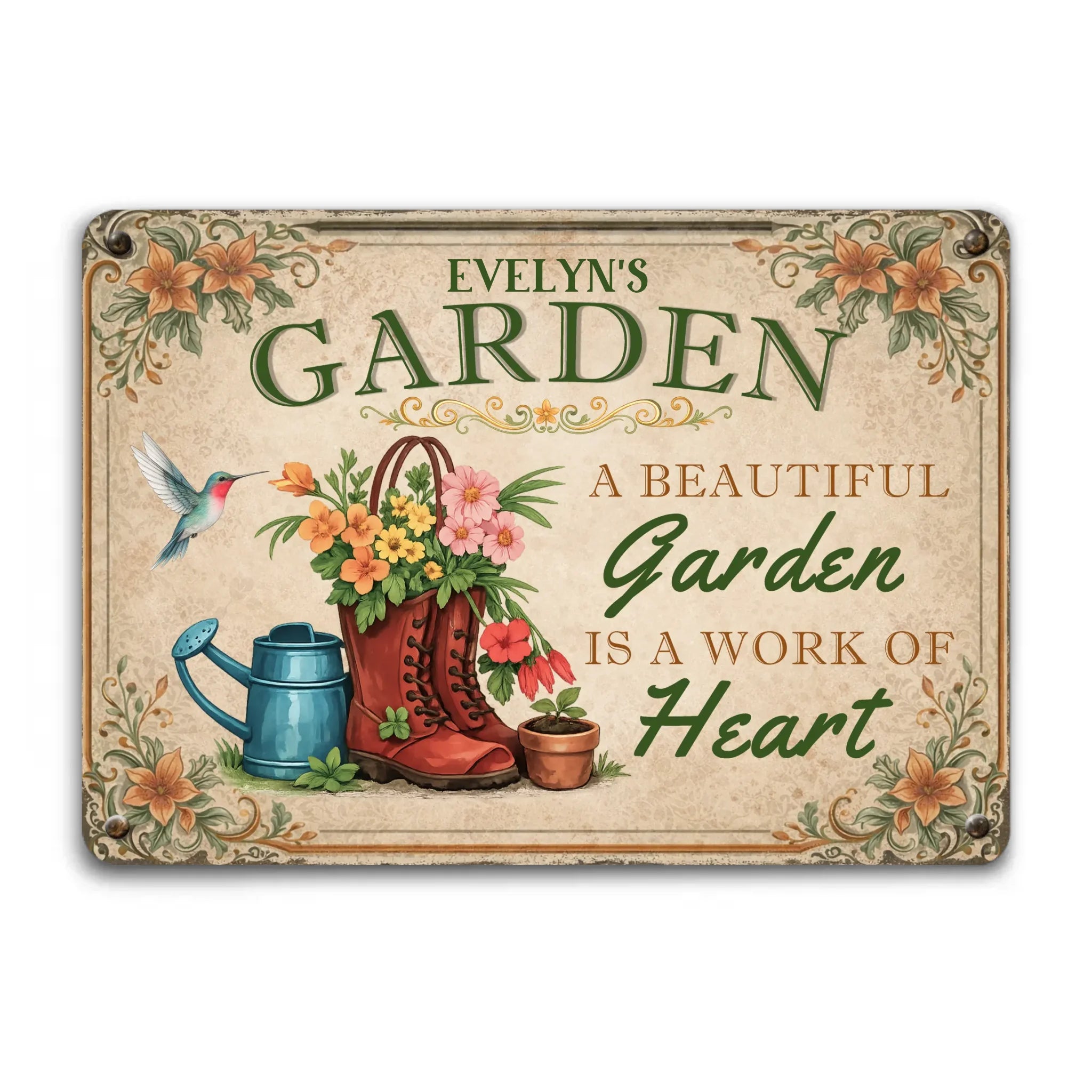 Unique Personalized Metal Signs – Garden Red Boots Hummingbird Sign With Name