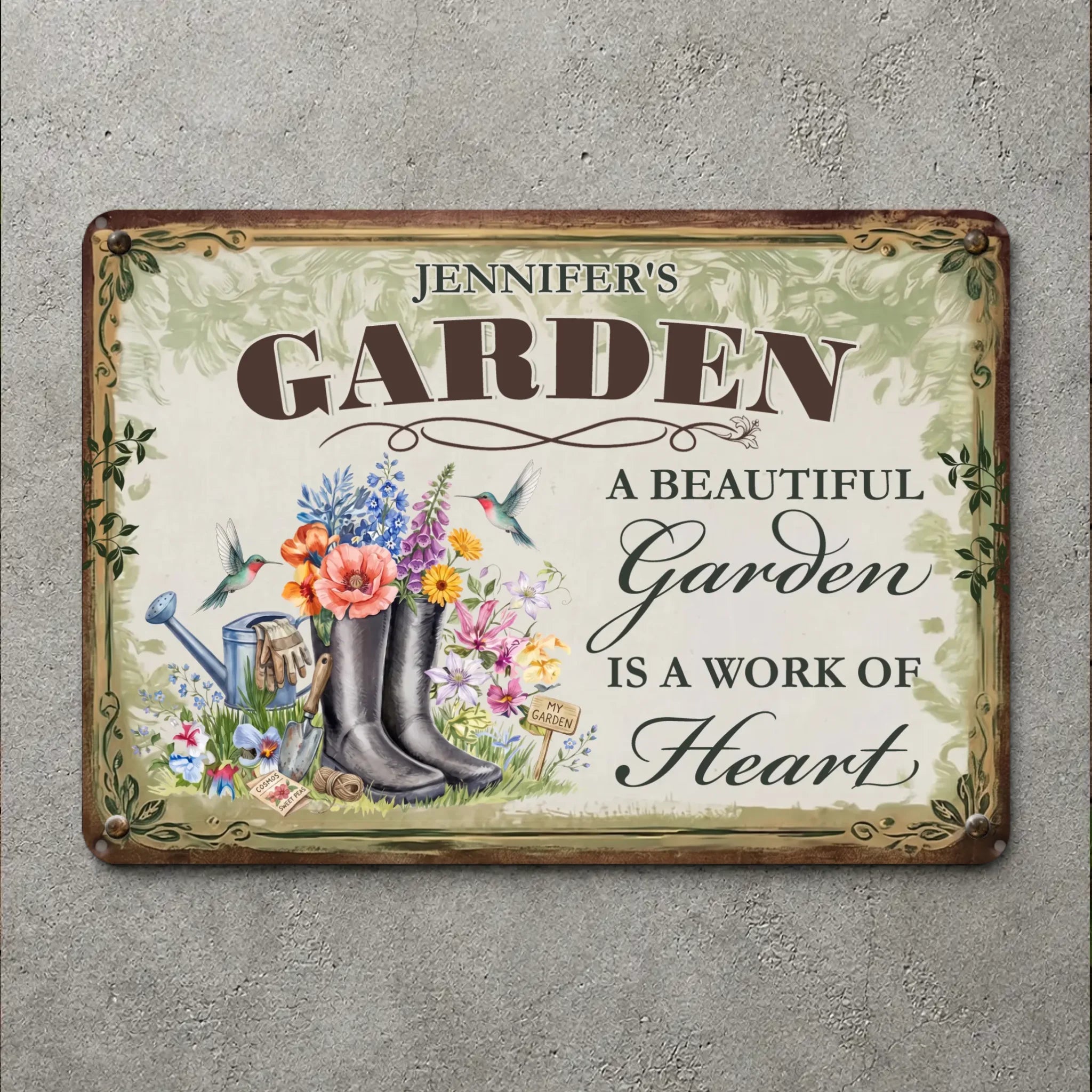 Customized Garden Metal Signs – Garden Is A Work of Heart Unique Plaque