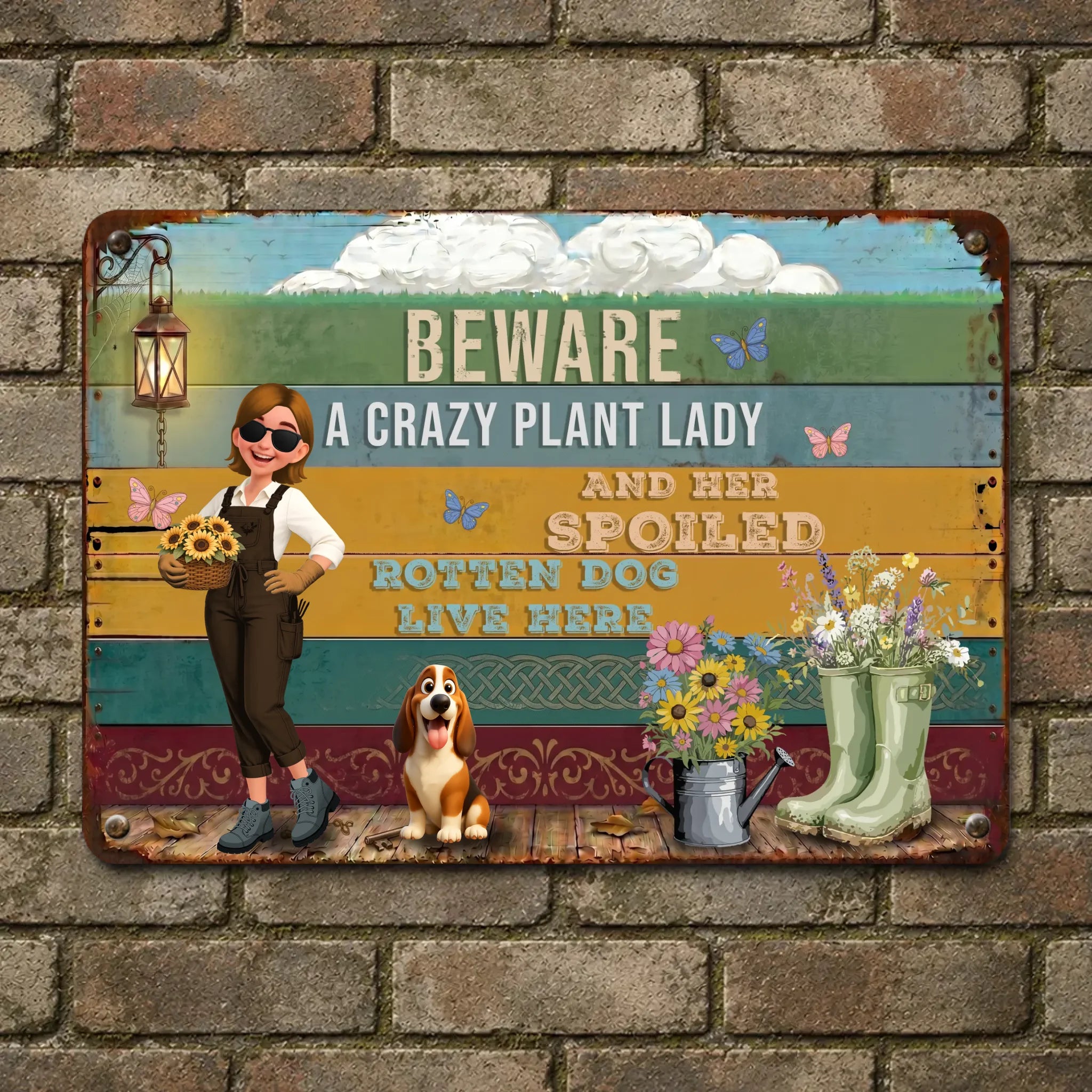 Custom Colorful Garden Metal Signs – Beware Crazy Plant Lady And Rotten Dog Live Here