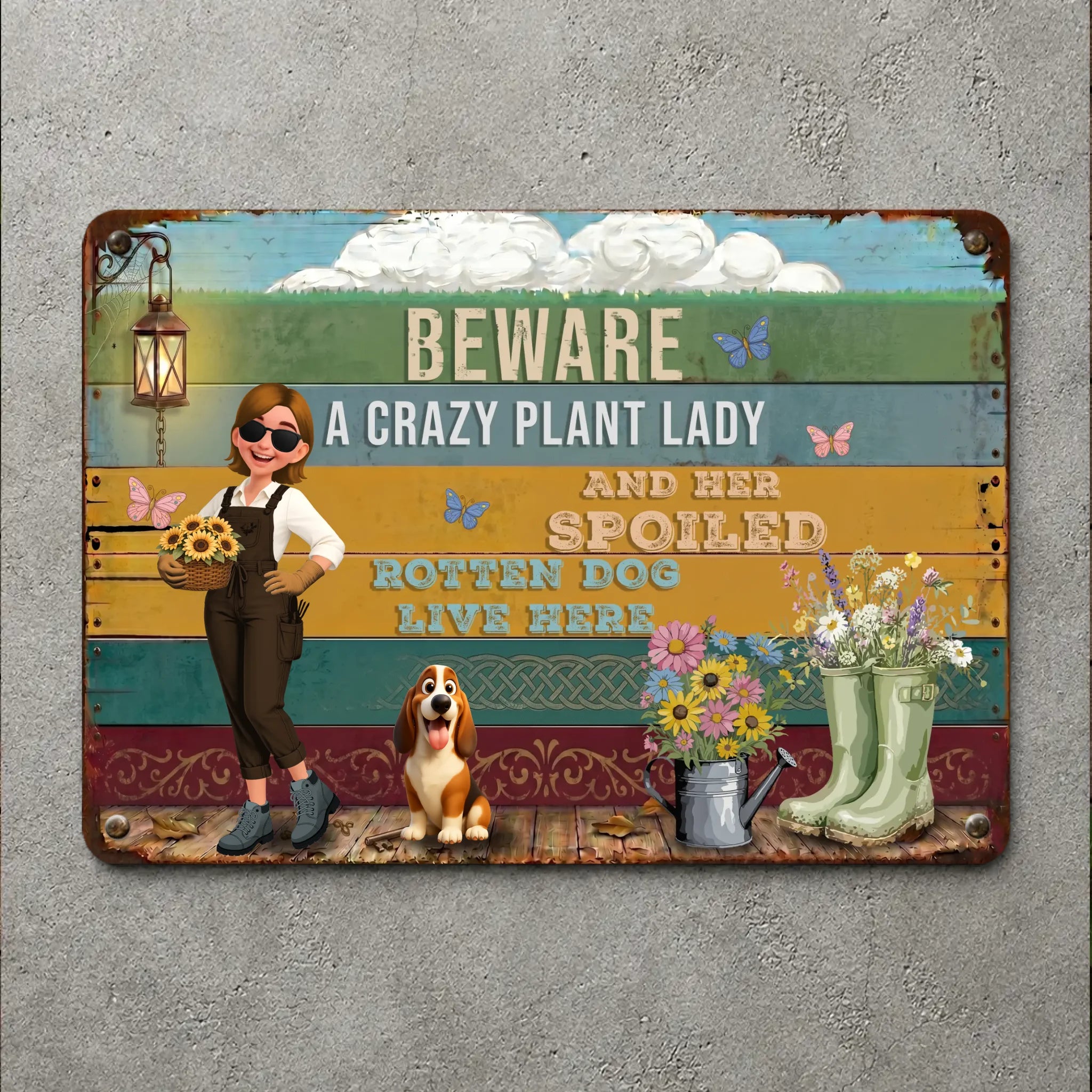 Custom Colorful Garden Metal Signs – Beware Crazy Plant Lady And Rotten Dog Live Here