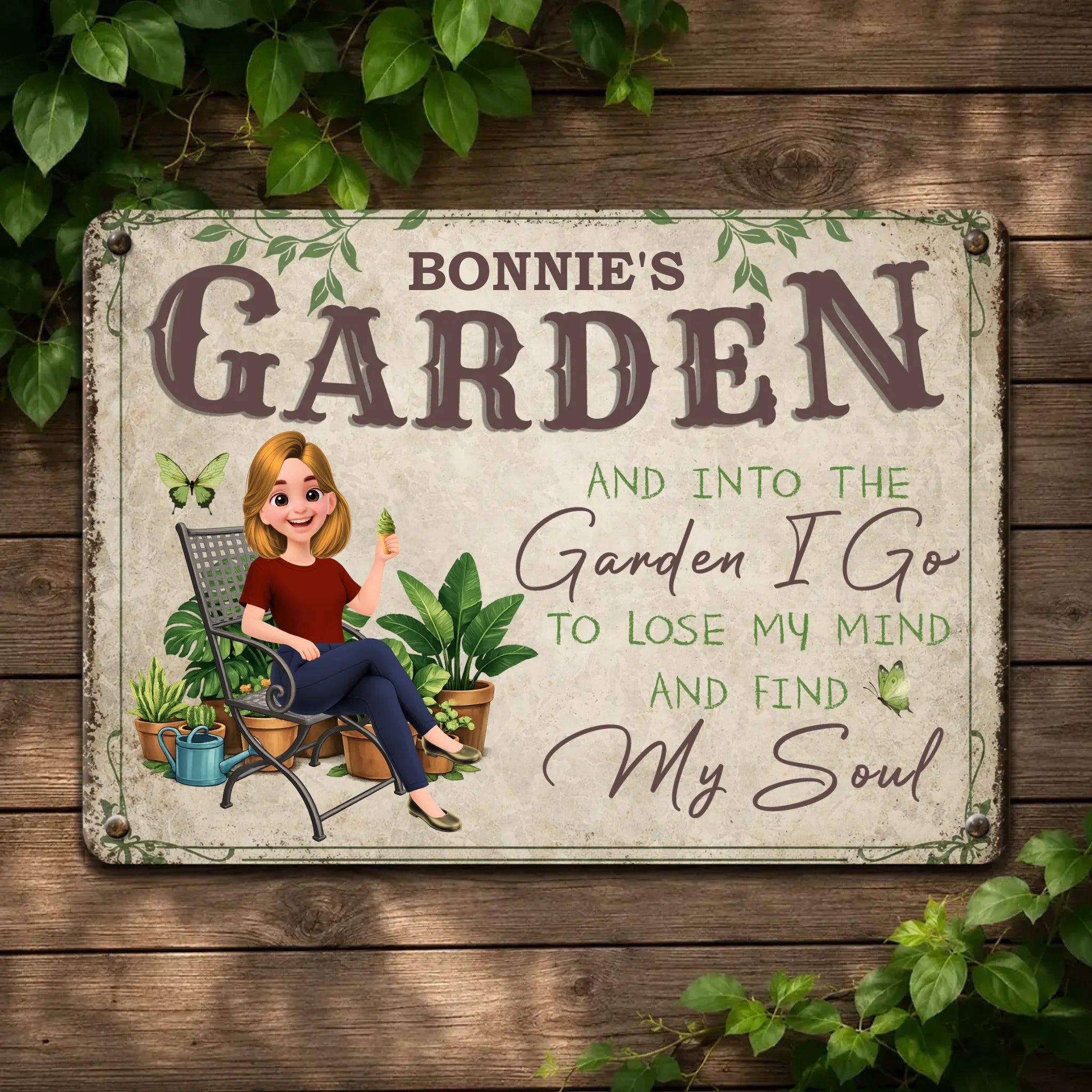 Unique Custom Metal Signs – Cozy Sitting Girl Butterfly Gift For Gardeners