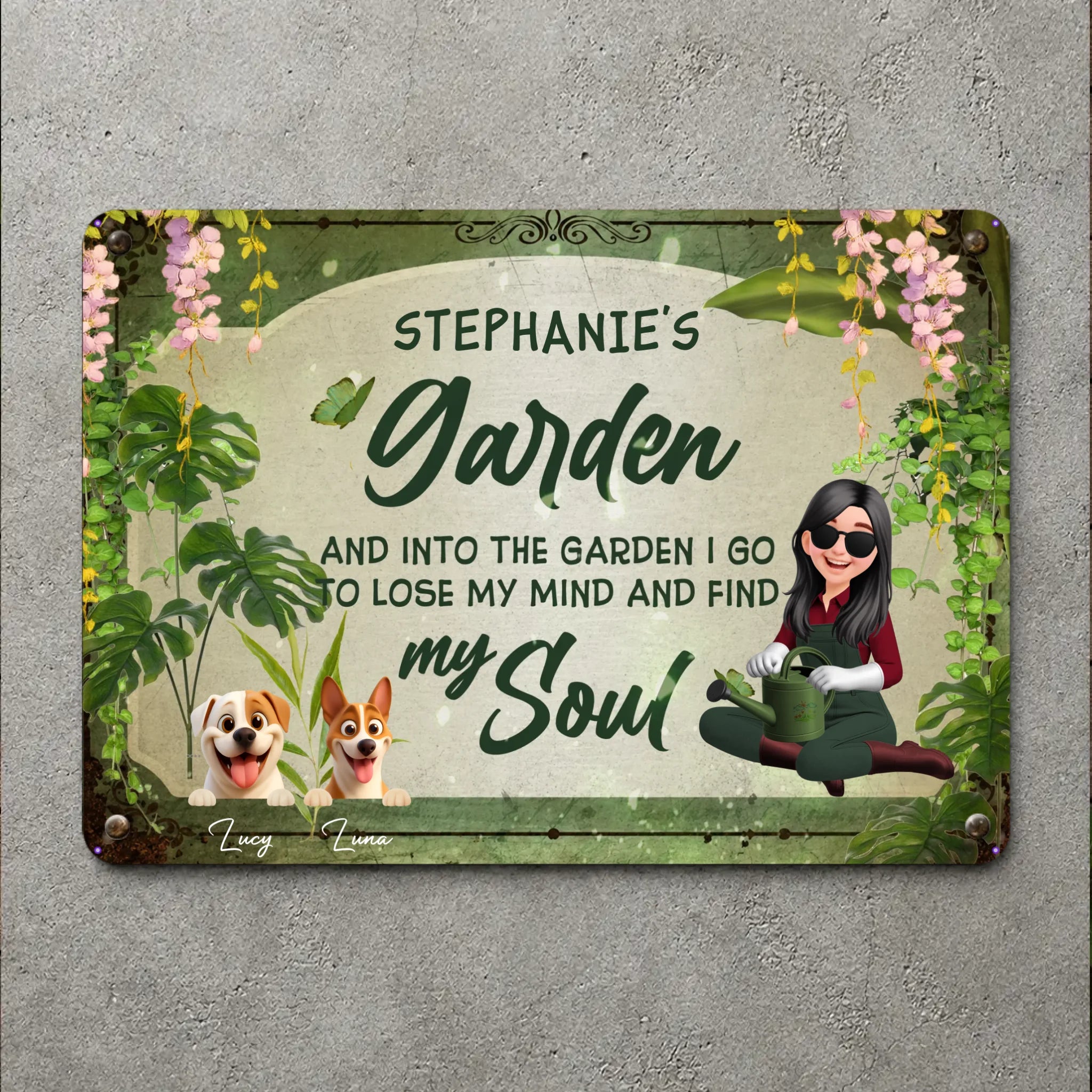 Unique Personalized Garden Metal Signs – Retro Sitting Lady Outdoor