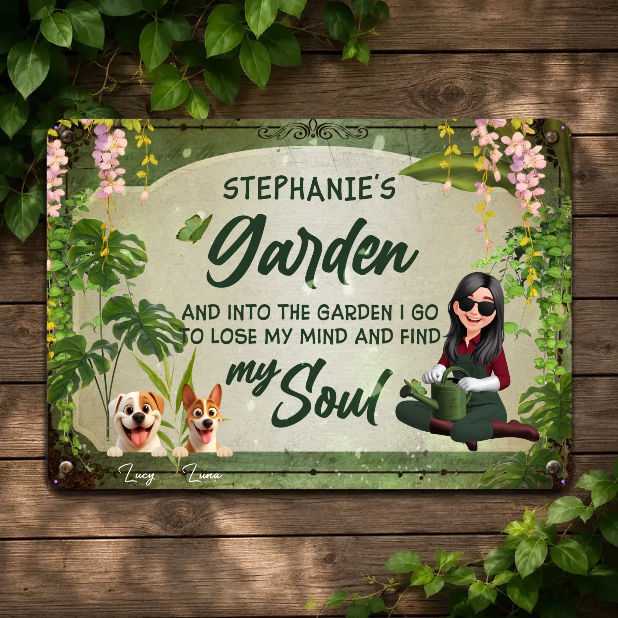 Unique Personalized Garden Metal Signs – Retro Sitting Lady Outdoor