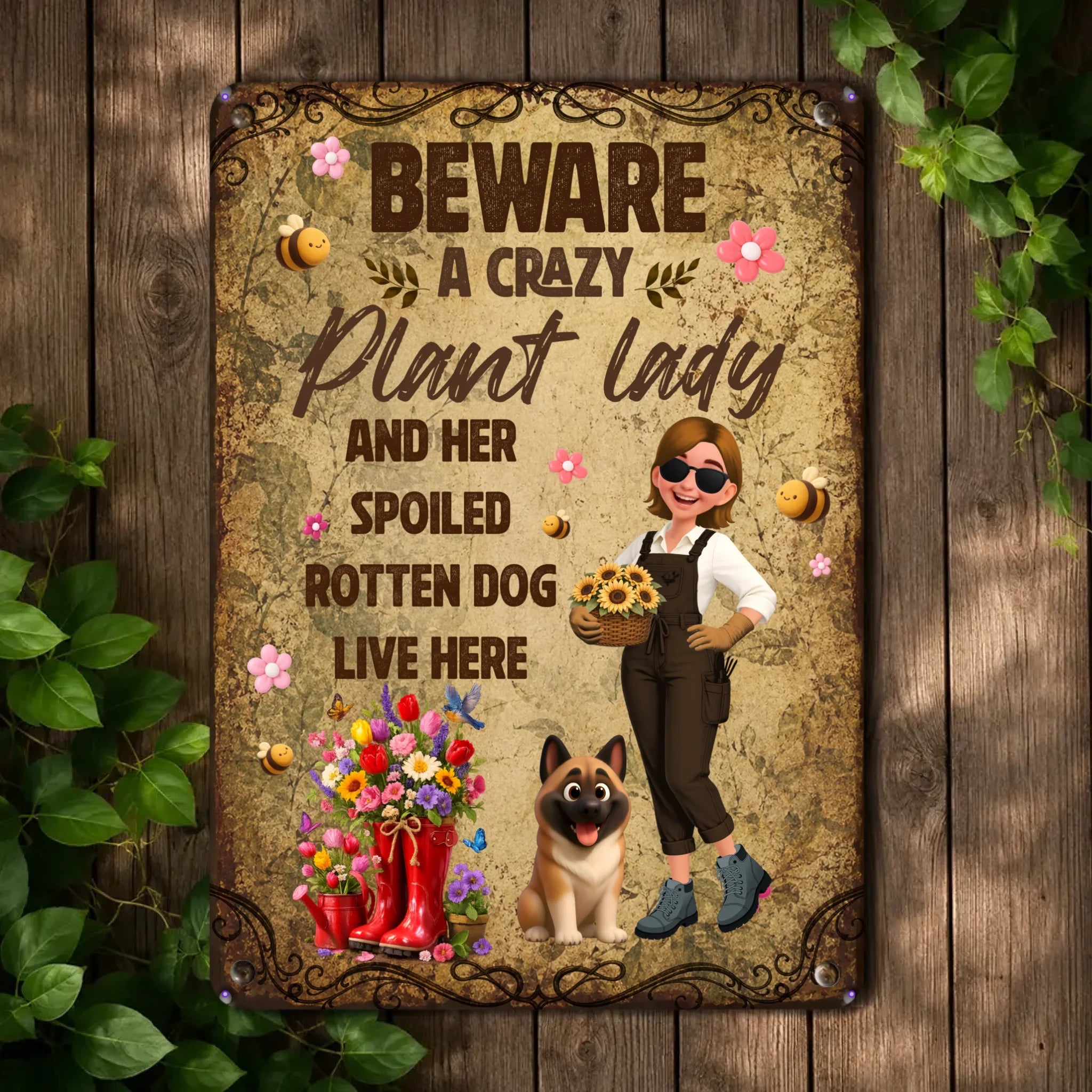 Beware Crazy Plant Lady Metal Signs – Custom Spoiled Rotten Dog Live Here Plaque